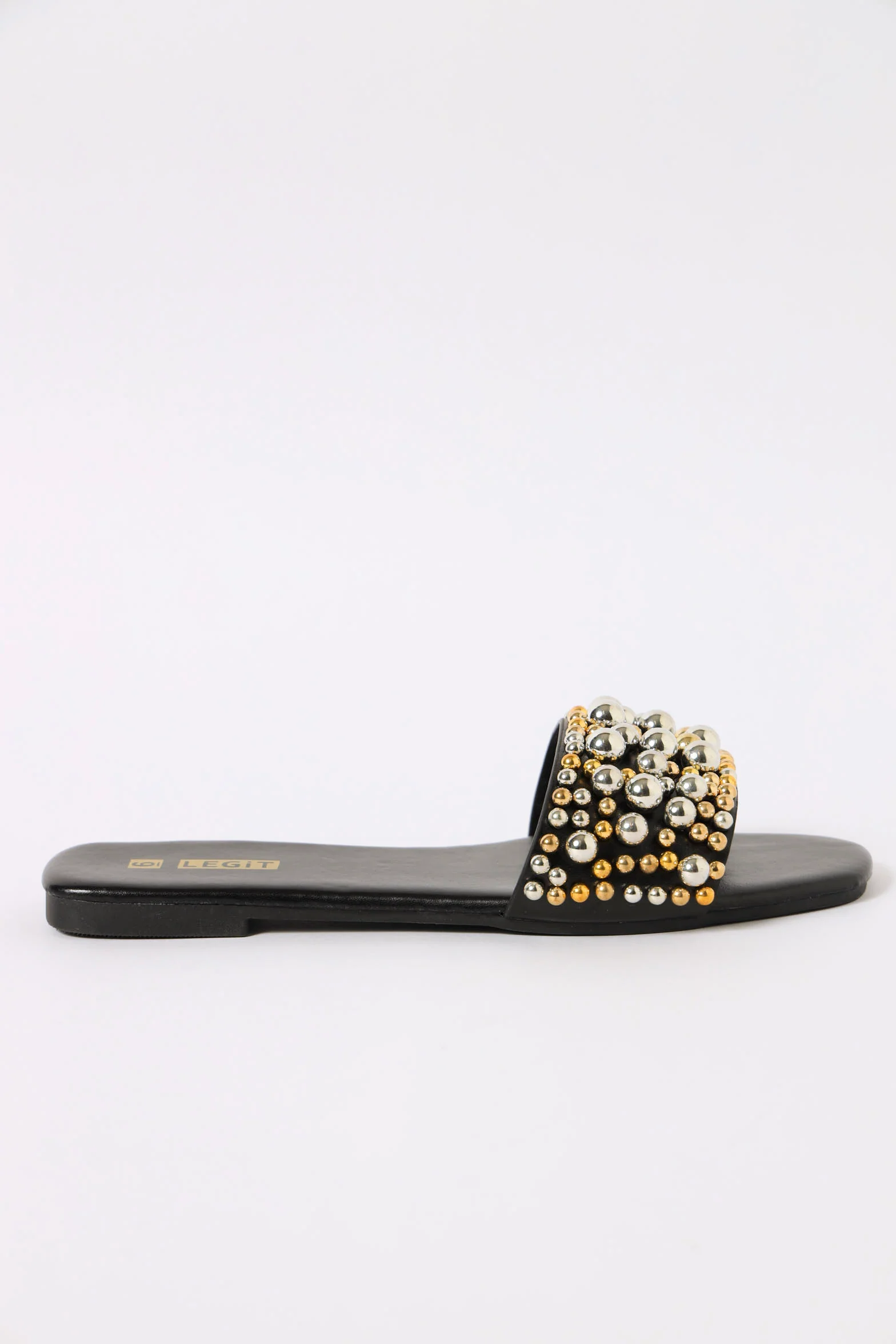 One Strap Stud Flat Sandal - Black - Image 3