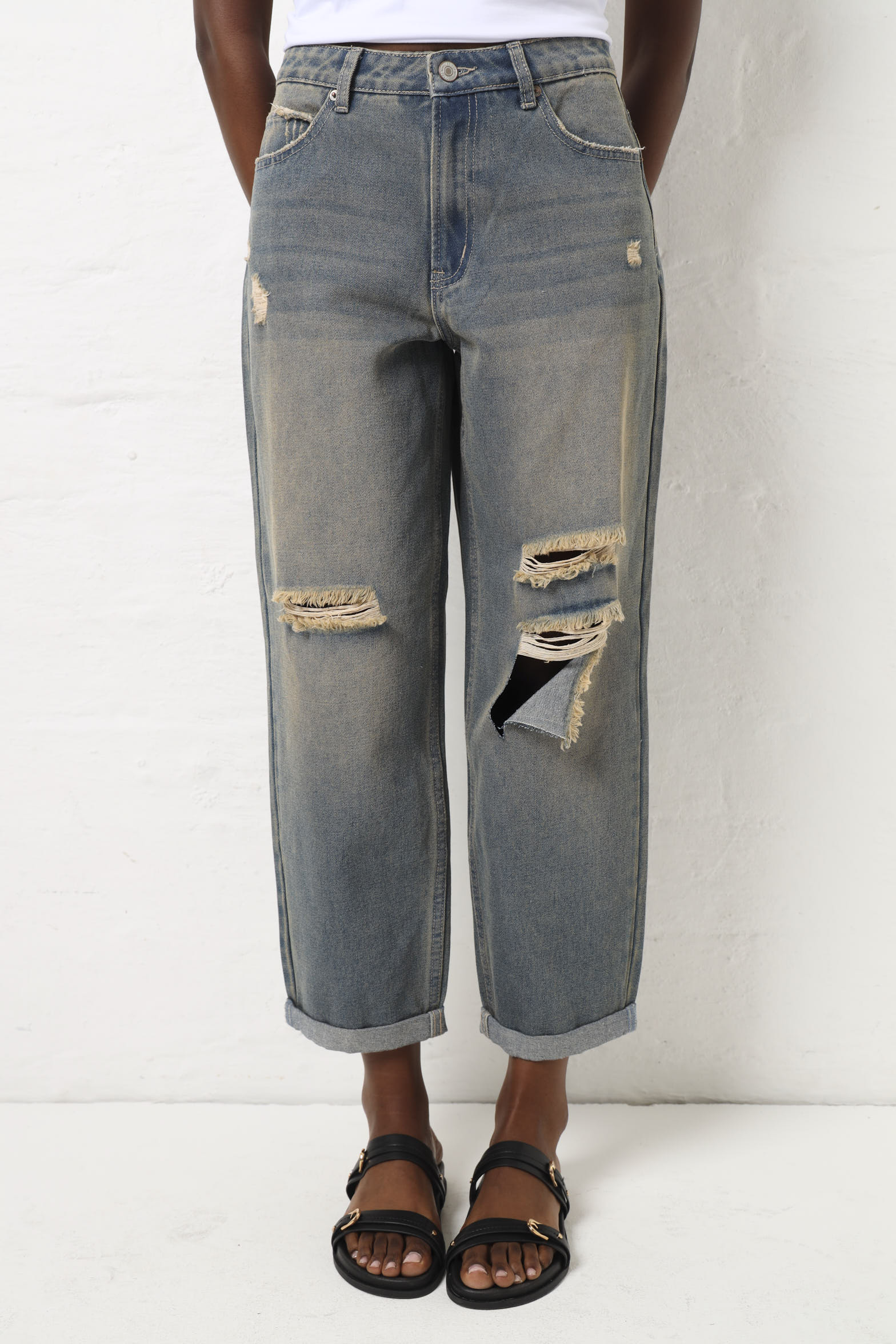 Open Knee Tea Stain Boyfriend Jean - Dark Wash - Image 2