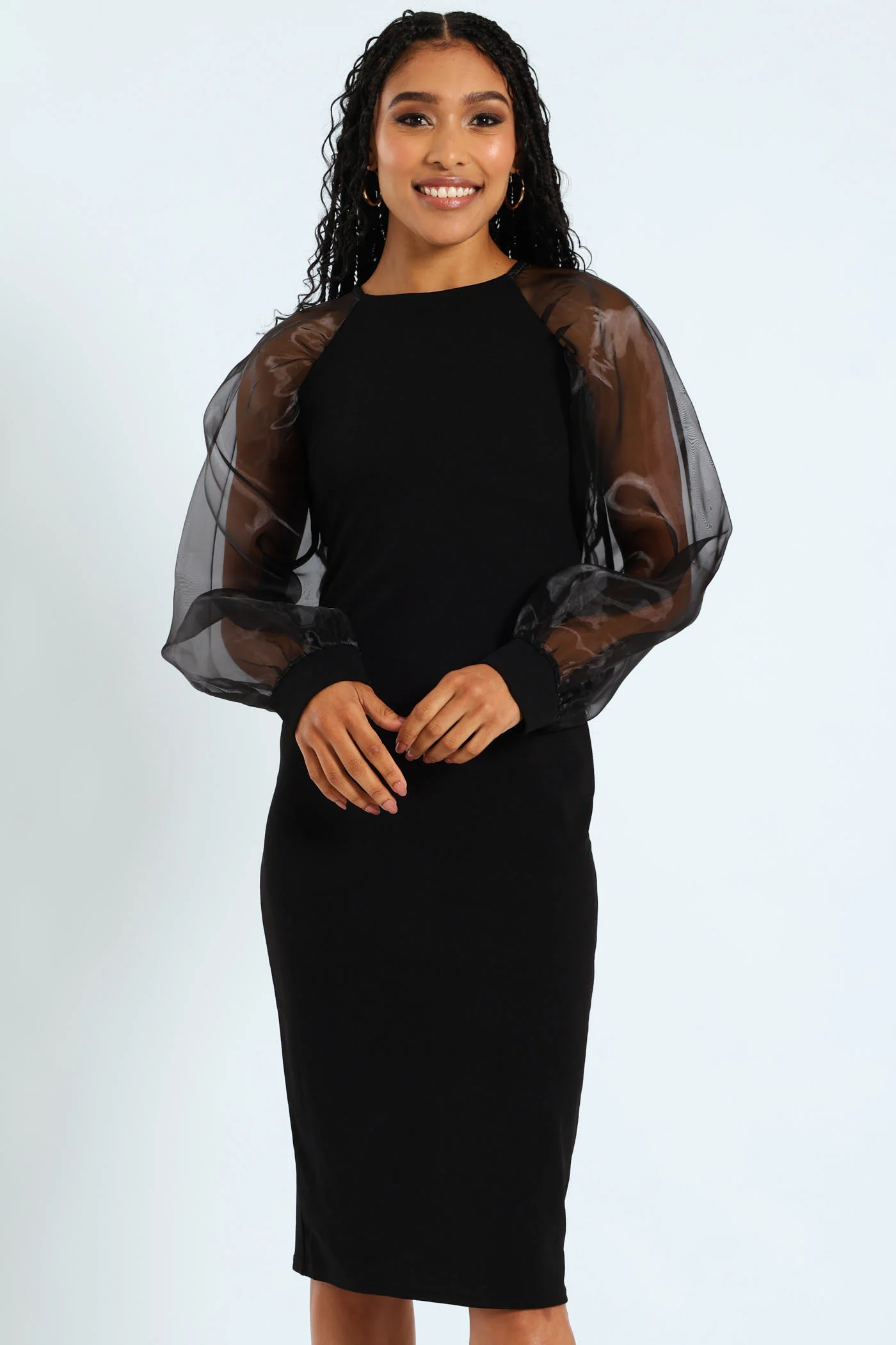 Organza Long Sleeve Bodycon Dress - Black - Image 2