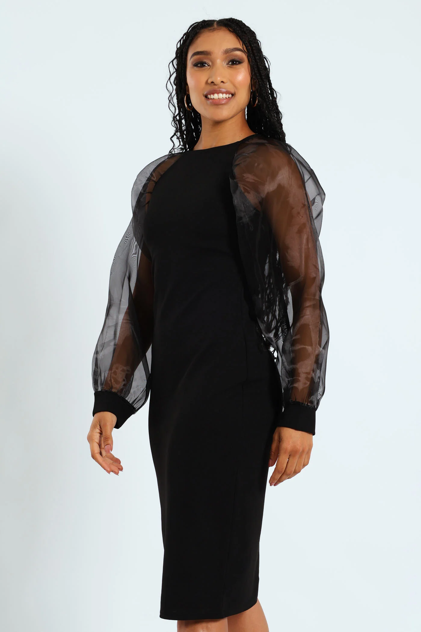 Organza Long Sleeve Bodycon Dress - Black - Image 3