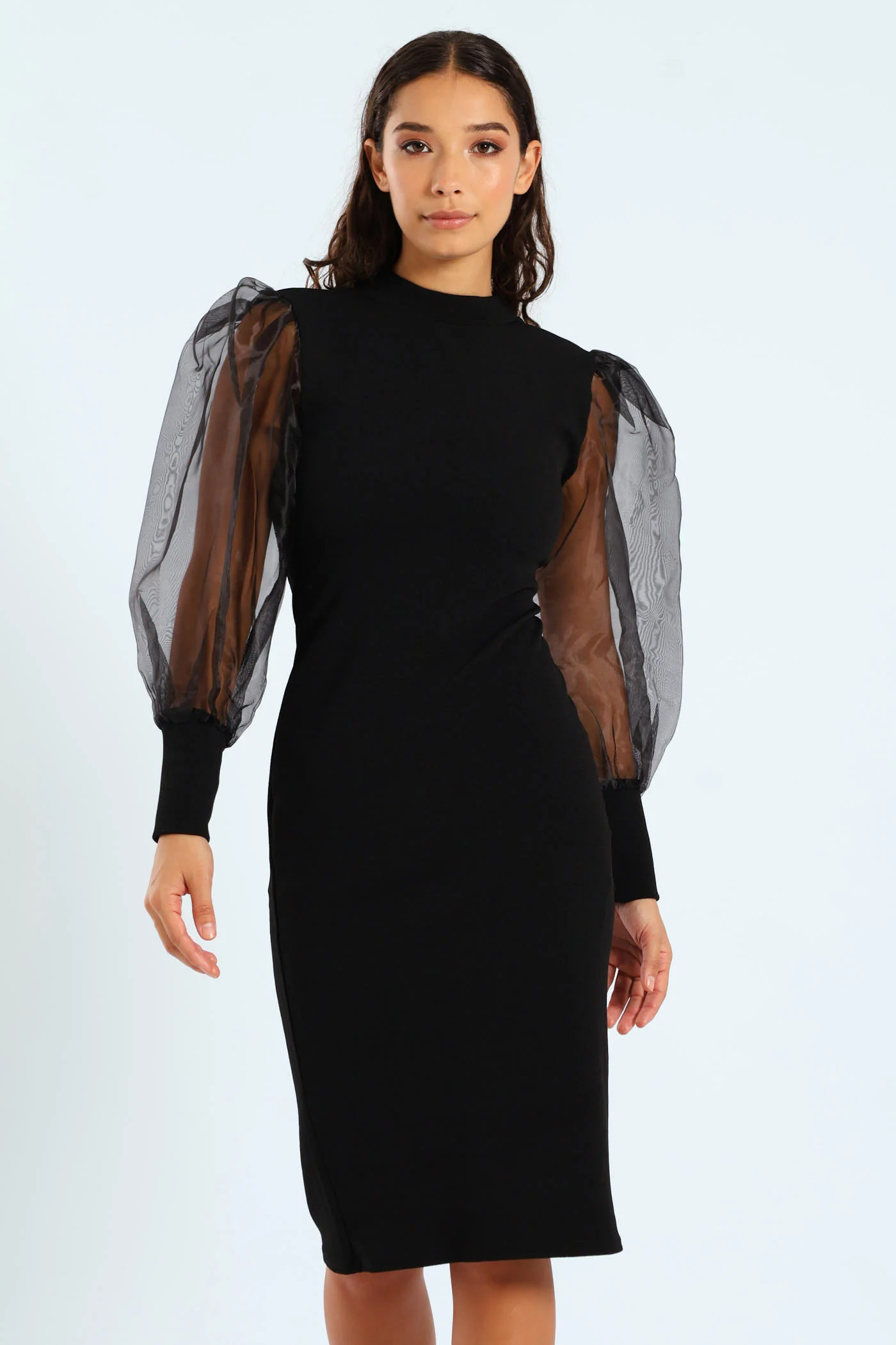 Organza Sleeve Bodycon Dress - Black/Black - Image 3