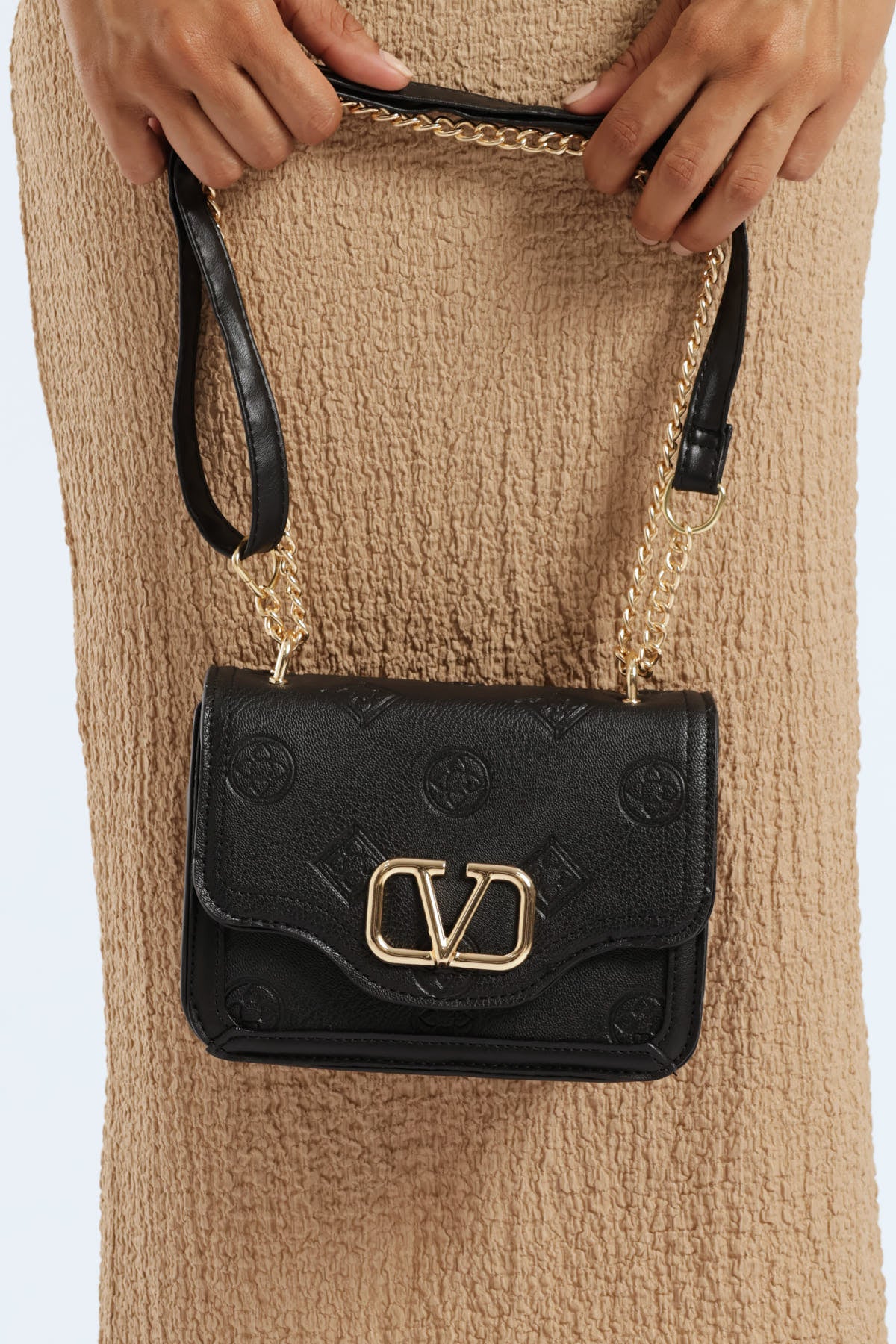 Ornate Clasp Embossed Satchel Bag - Black