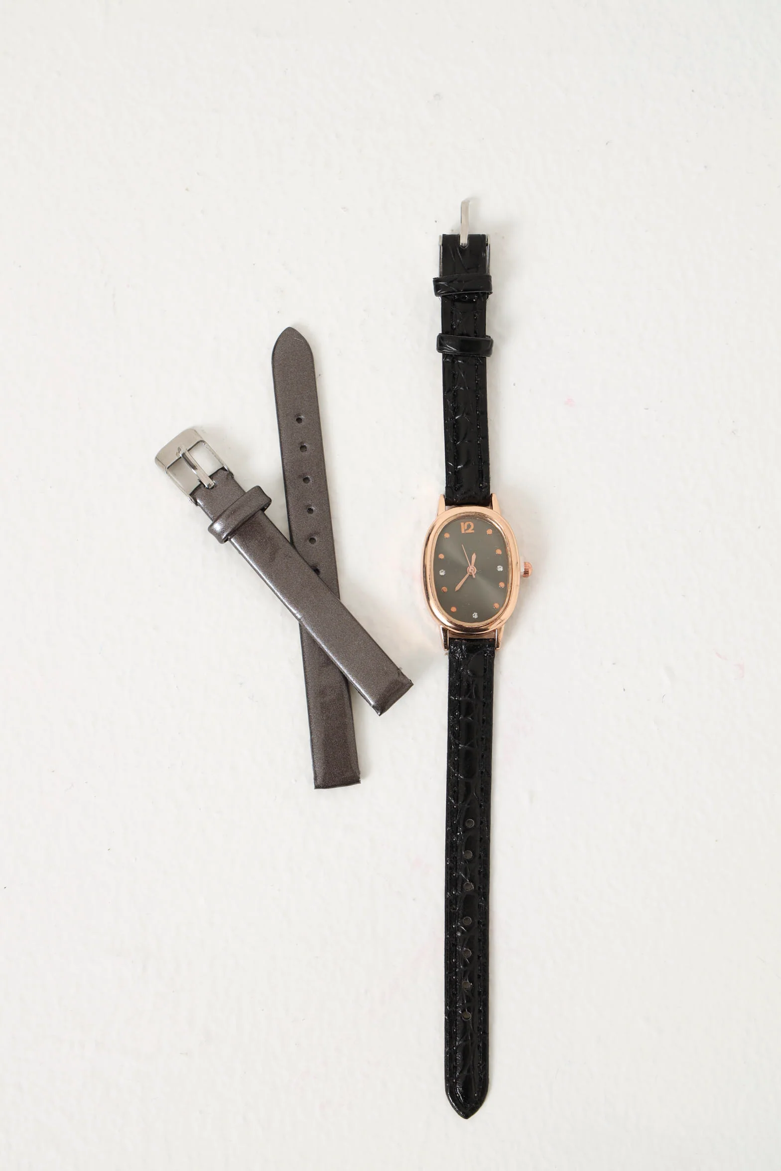 Oval Dial Watch With Additional Strap - Black/Gold - Image 5