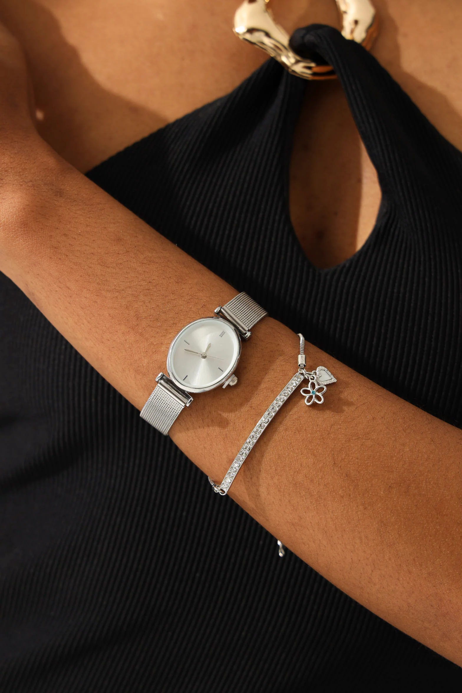 Oval Mesh Strap Watch & Diamante Charm Bracelet - Silver