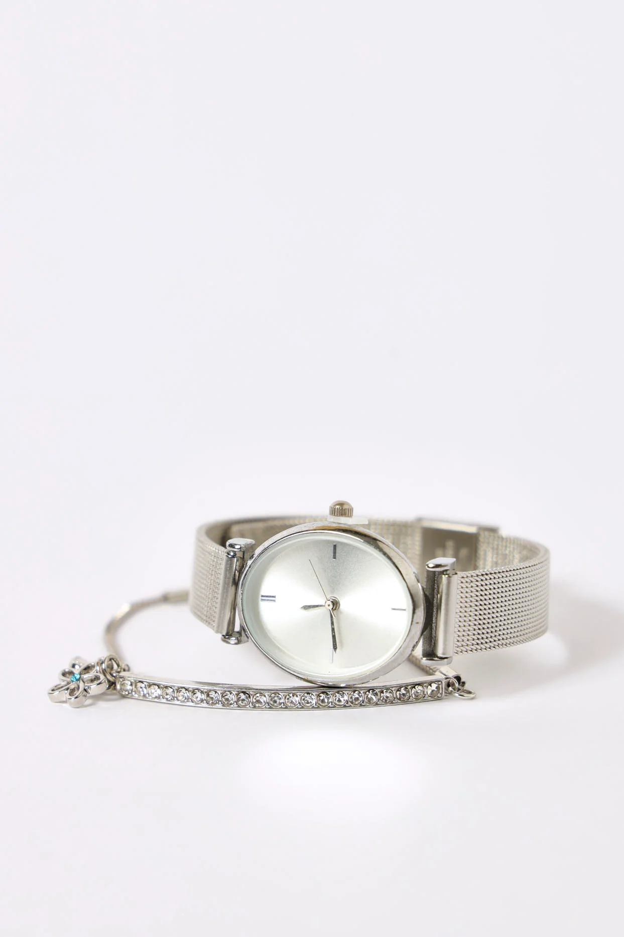 Oval Mesh Strap Watch & Diamante Charm Bracelet - Silver - Image 2