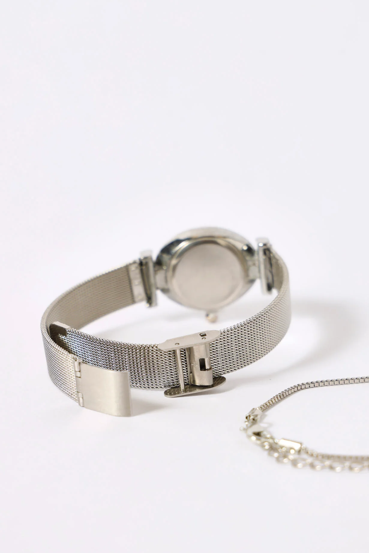 Oval Mesh Strap Watch & Diamante Charm Bracelet - Silver - Image 3