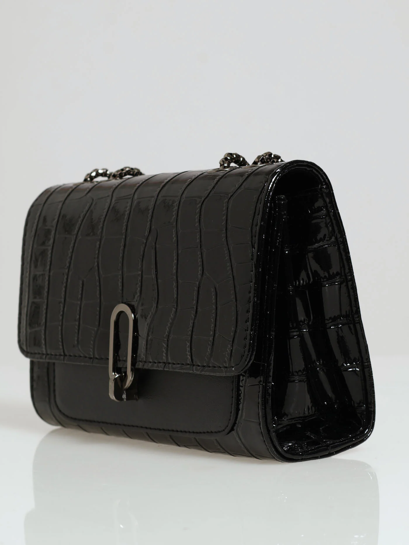 Oval Metal Clasp Front Satchel - Black - Image 3