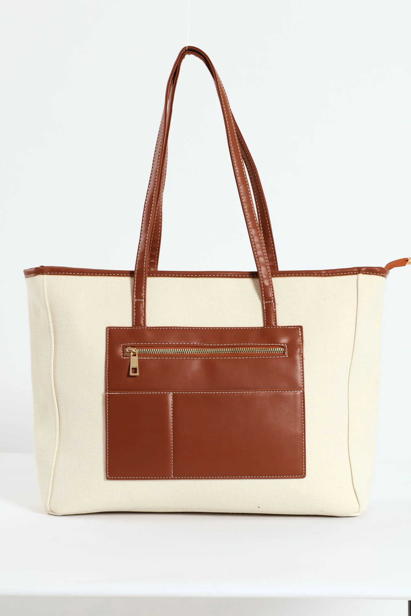 Oversized Contrast Stitching Shopper Bag - Natural