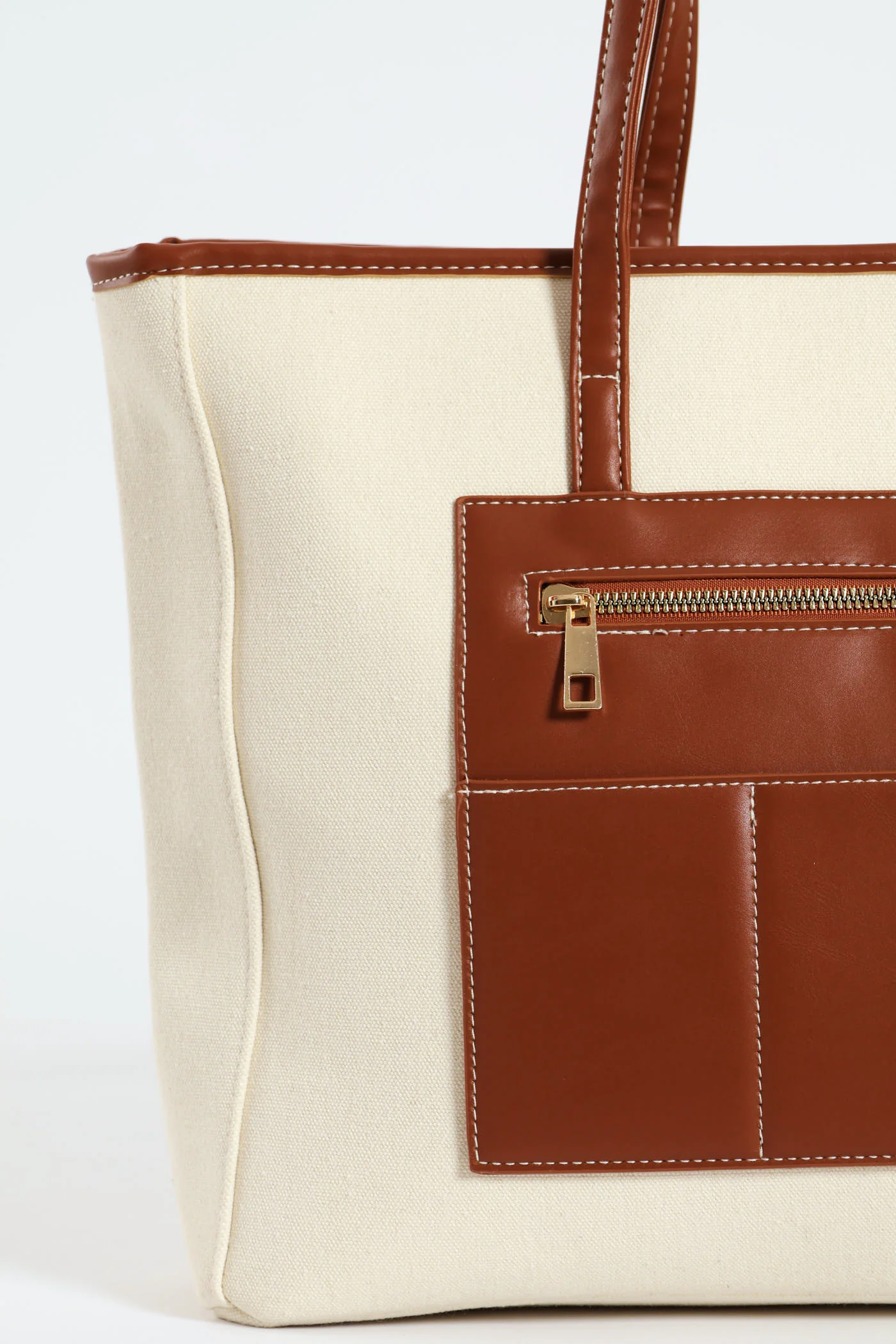 Oversized Contrast Stitching Shopper Bag - Natural - Image 2