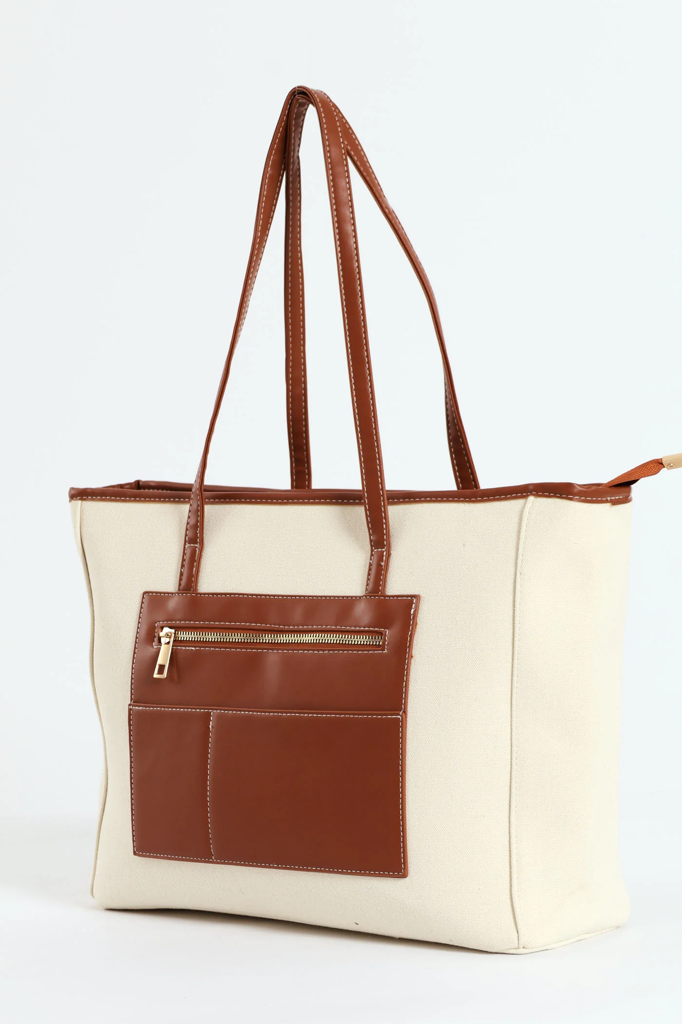 Oversized Contrast Stitching Shopper Bag - Natural - Image 3