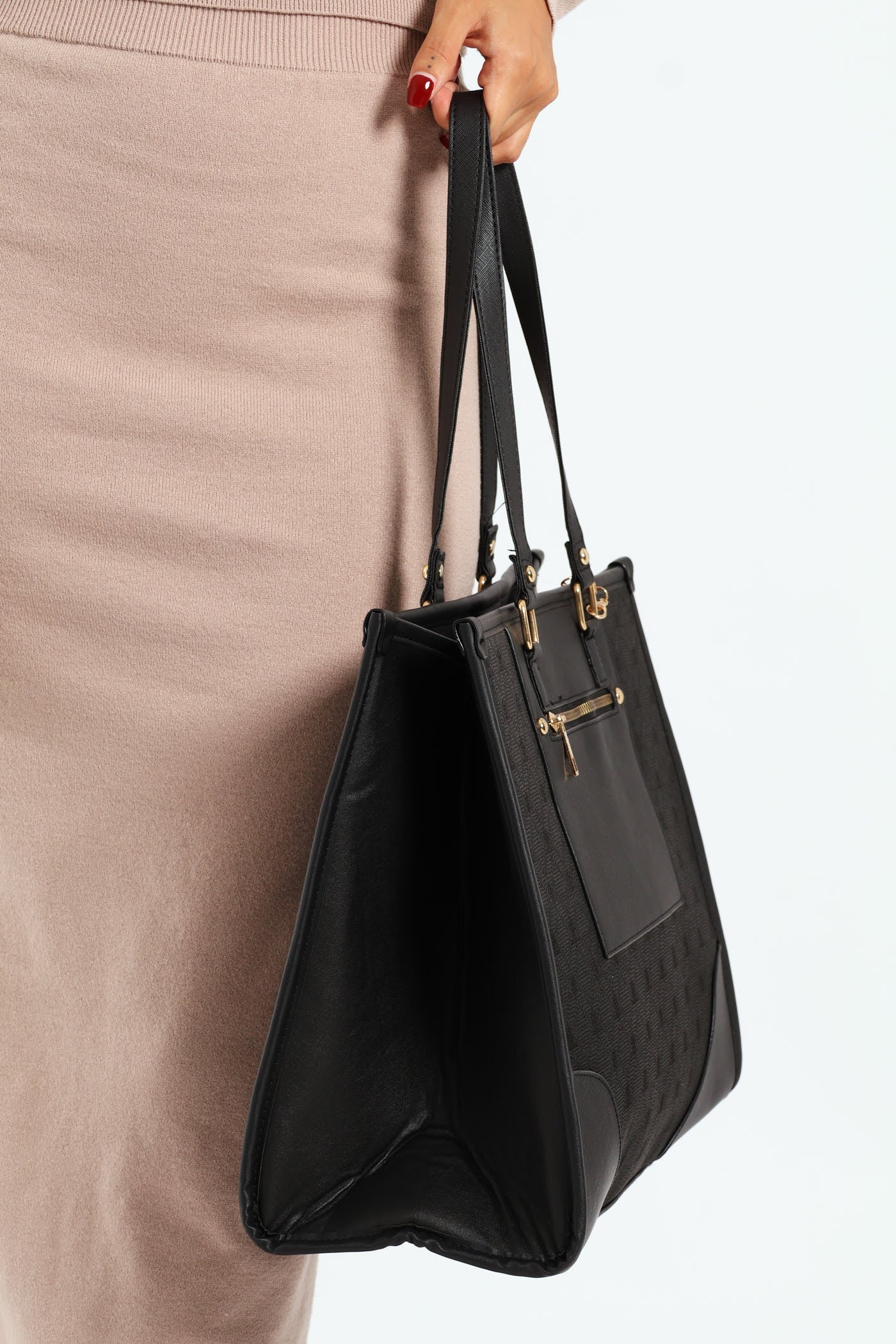 Oversized Front Pocket Metal Detail Tote Bag - Black - Image 2