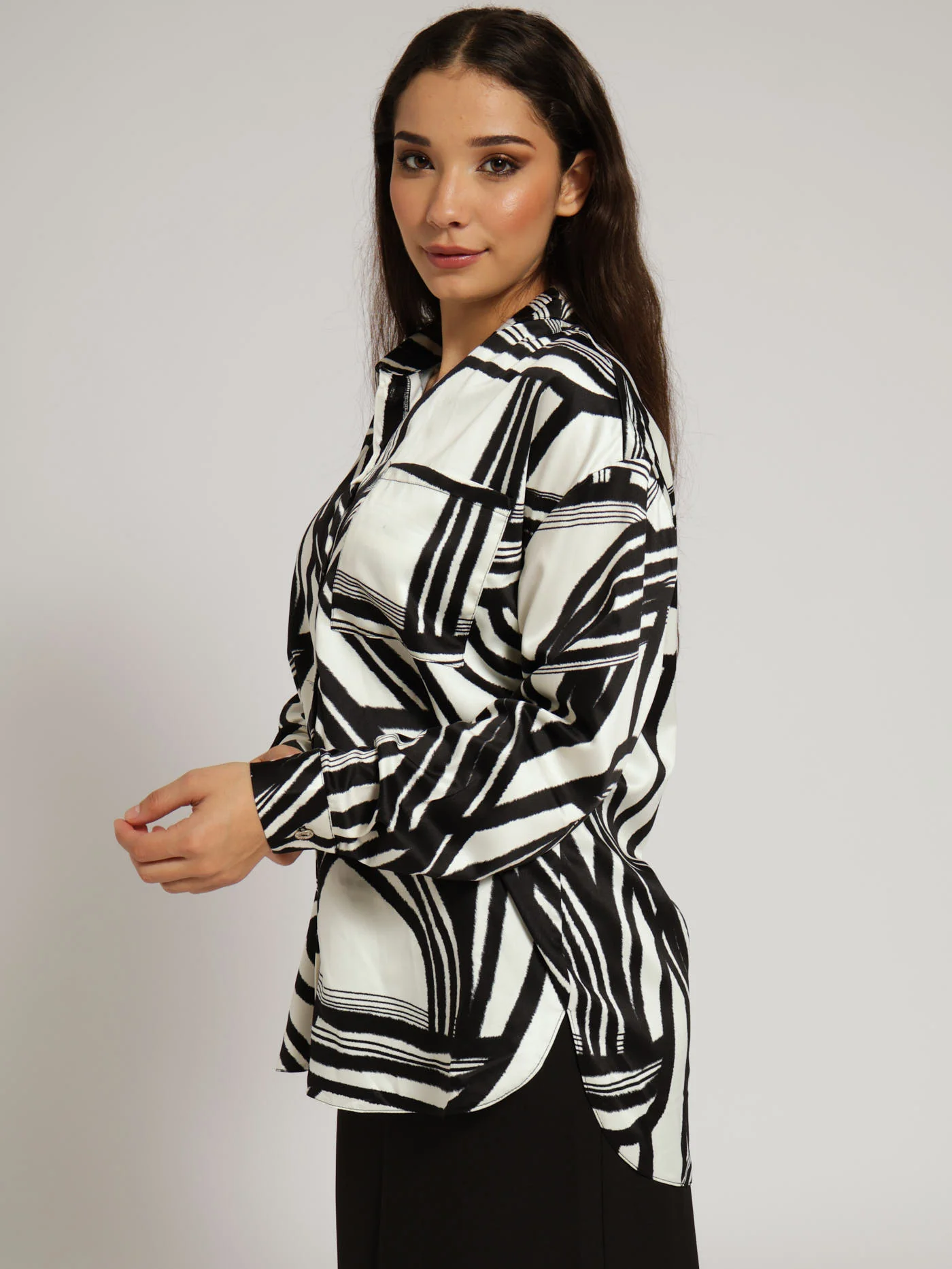 Oversized Satin Shirt - White/Black - Image 2