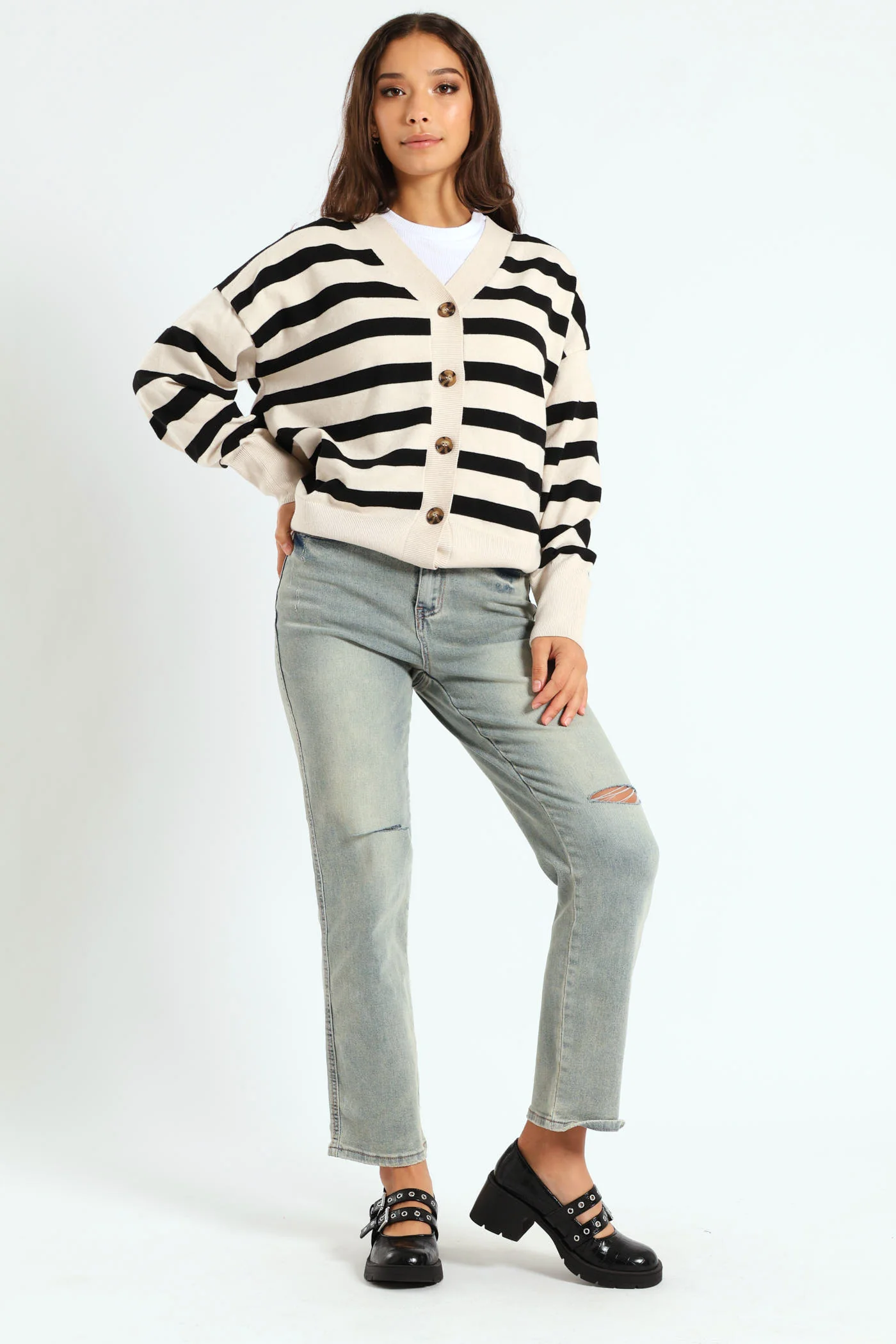 Oversized Stripe Cardigan - Beige/Black - Image 2