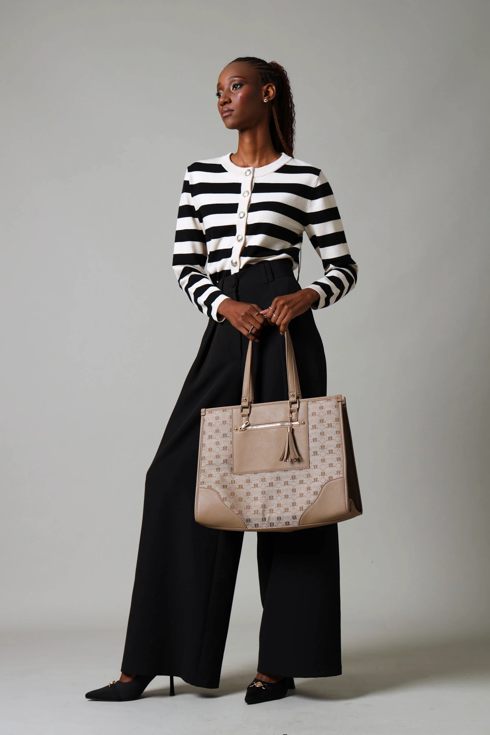 Oversized Tote Bag With Front Pocket - Dark Beige - Image 2