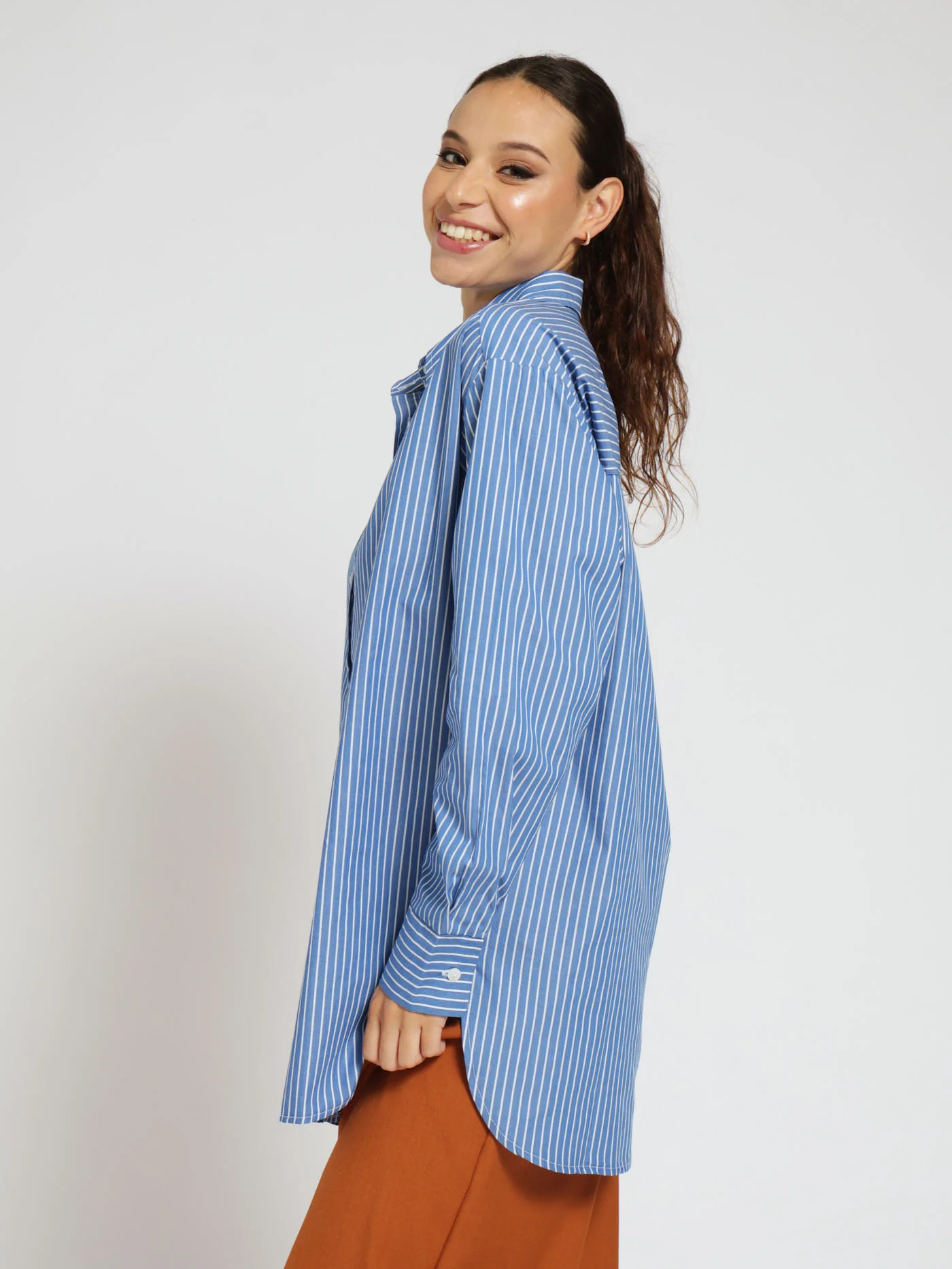 Oversized Yarn Dye Stripe Shirt - Blue - Image 2