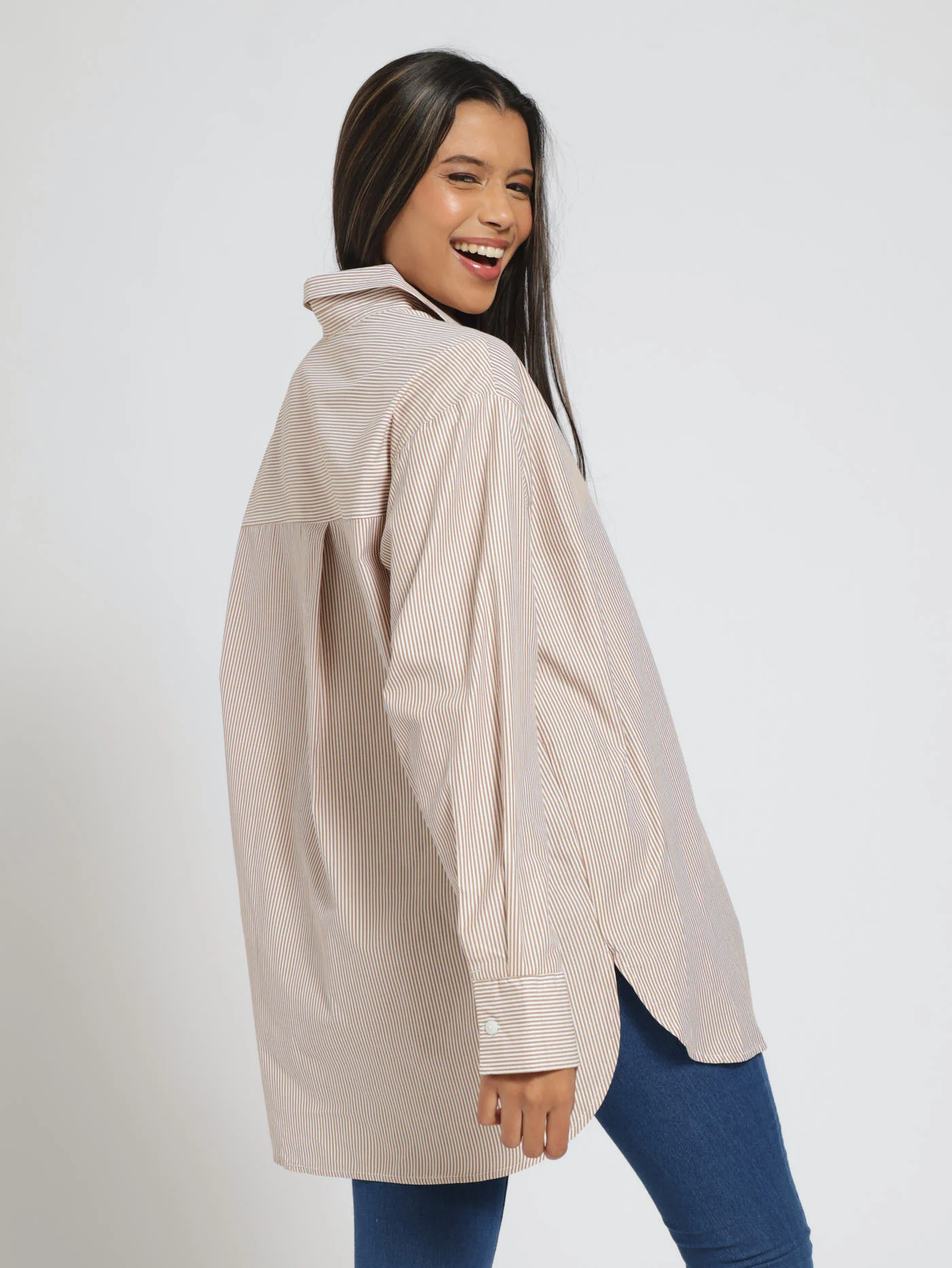 Oversized Yarn Dye Stripe Shirt - Brown - Image 3