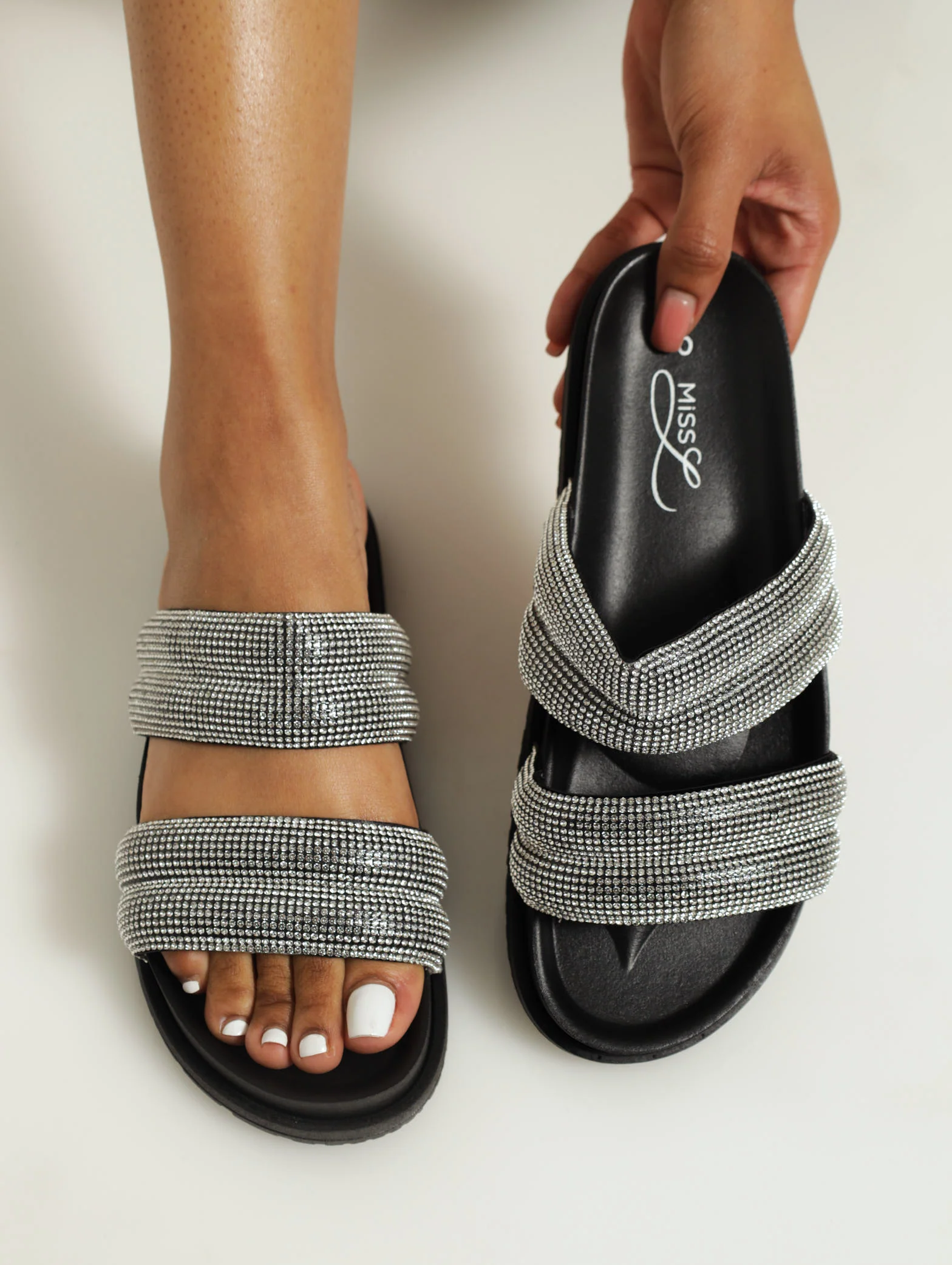 Padded Embellished Two Strap Push In Sandal