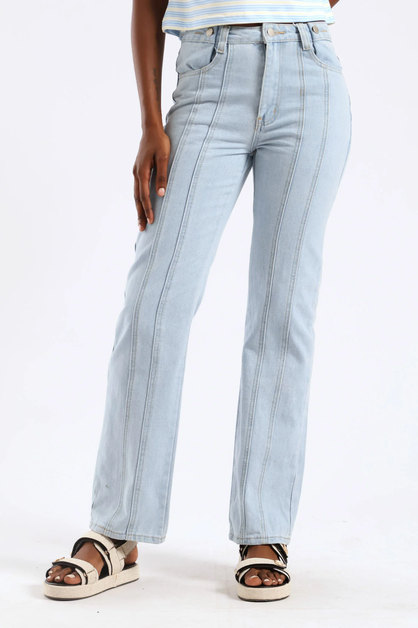 Panel Detail Buttoned Straight Leg Jean - Light Wash