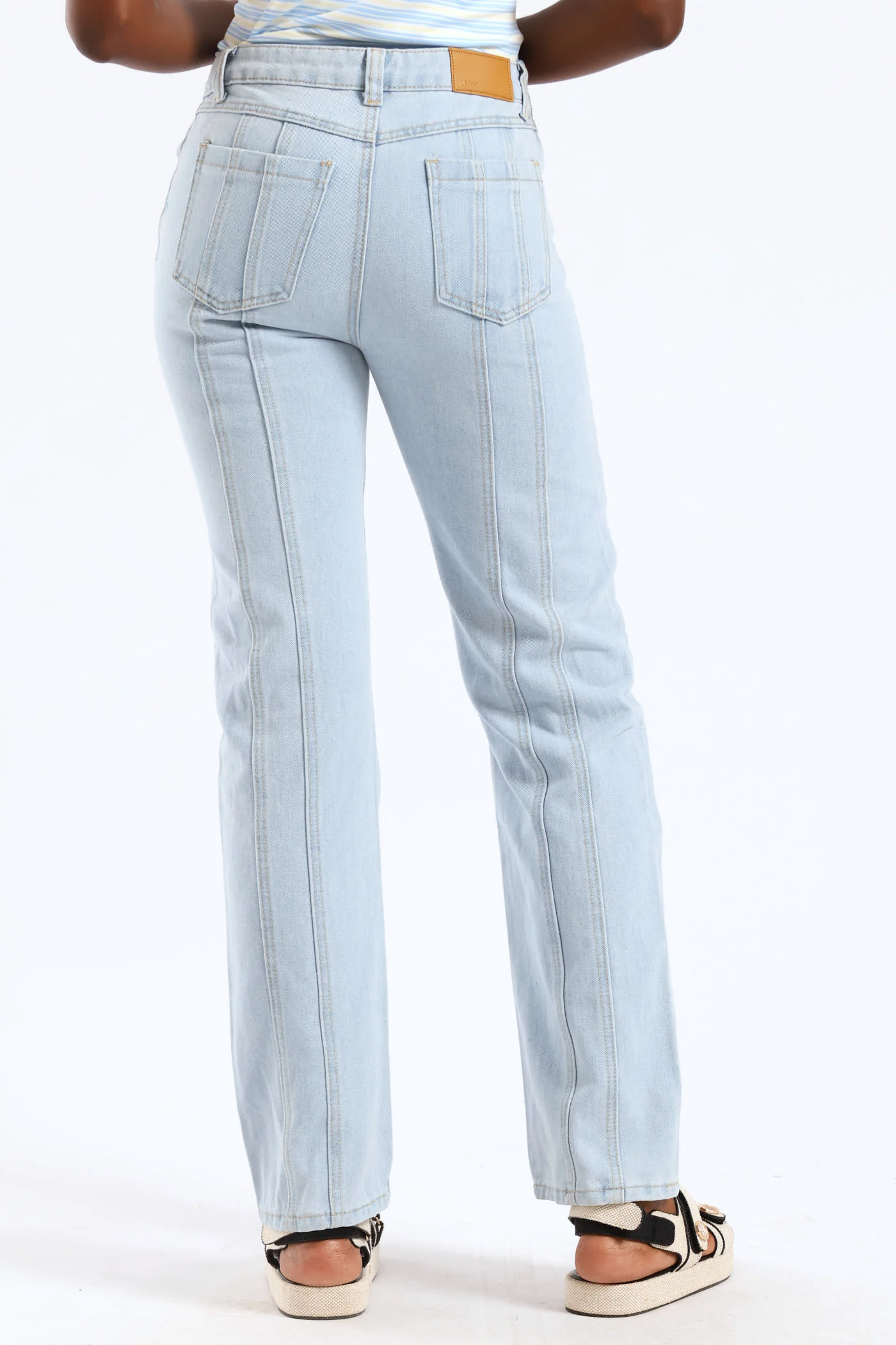 Panel Detail Buttoned Straight Leg Jean - Light Wash - Image 2