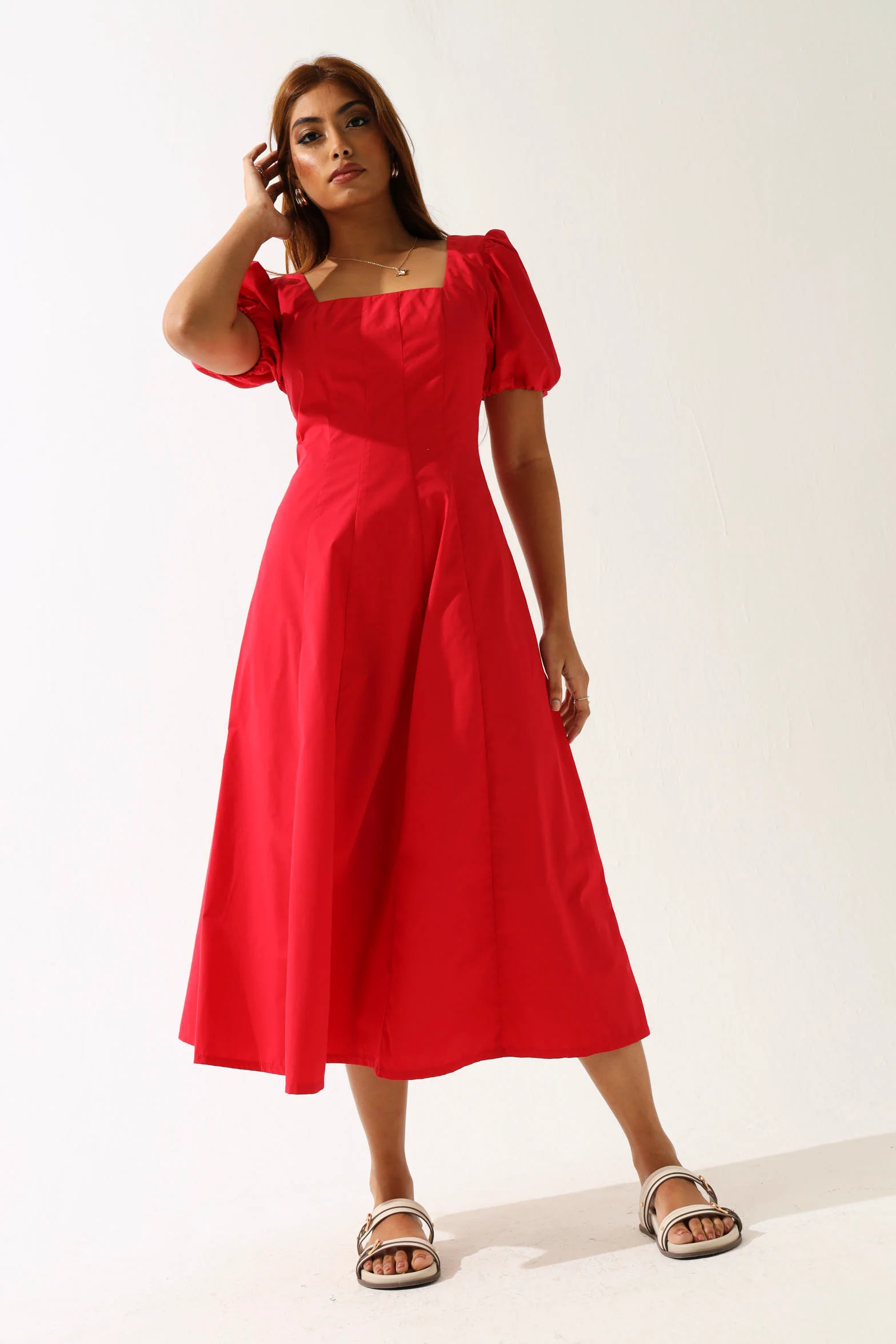 Panelled Puff Sleeve Midi Dress - Red