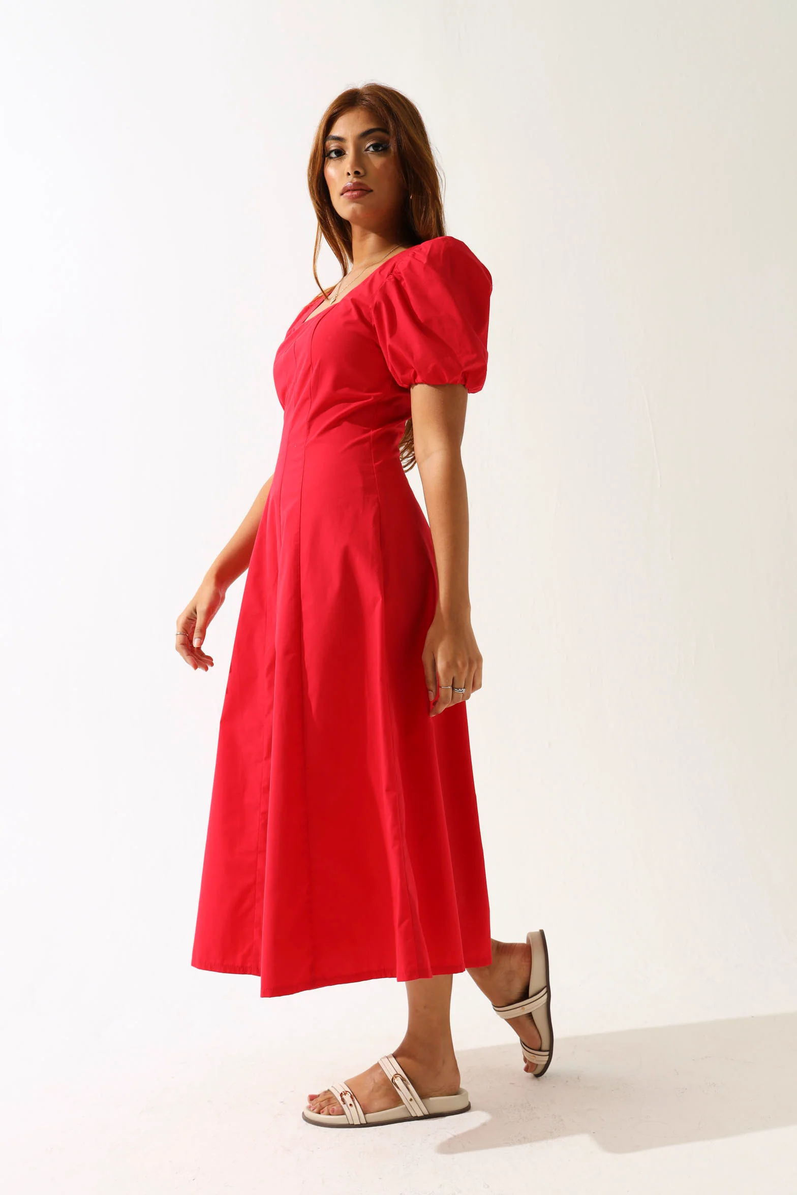 Panelled Puff Sleeve Midi Dress - Red - Image 2