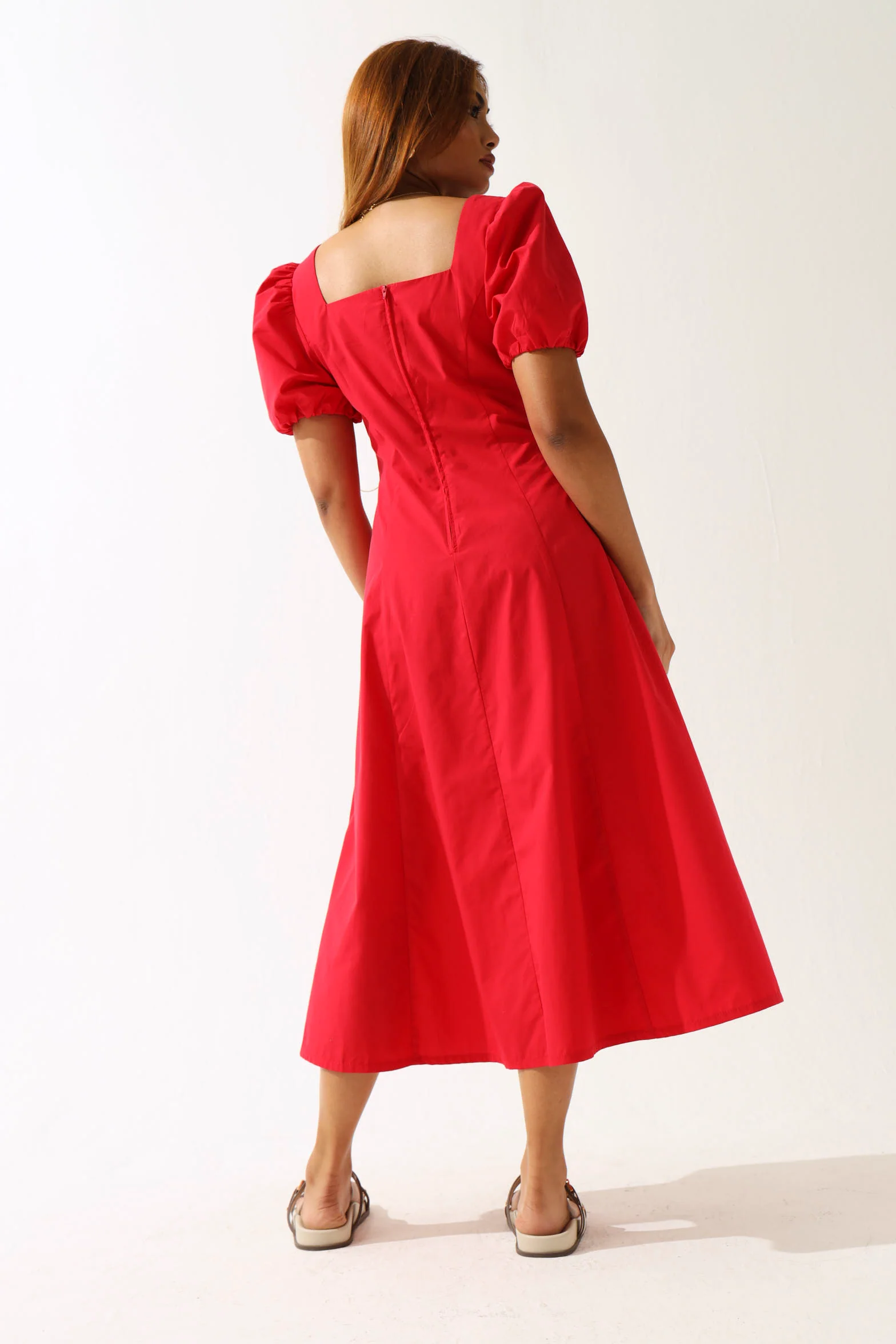 Panelled Puff Sleeve Midi Dress - Red - Image 3