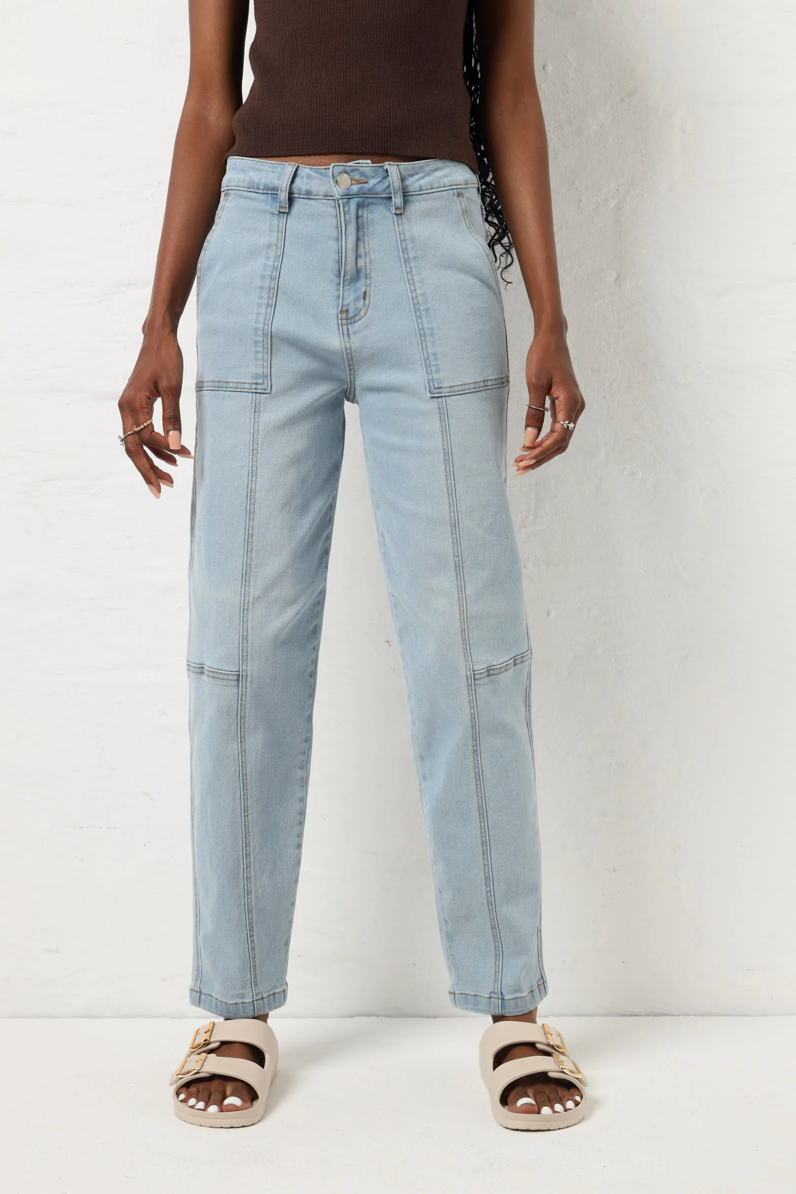 Panelled Slim Leg Jean - Light Wash - Image 2