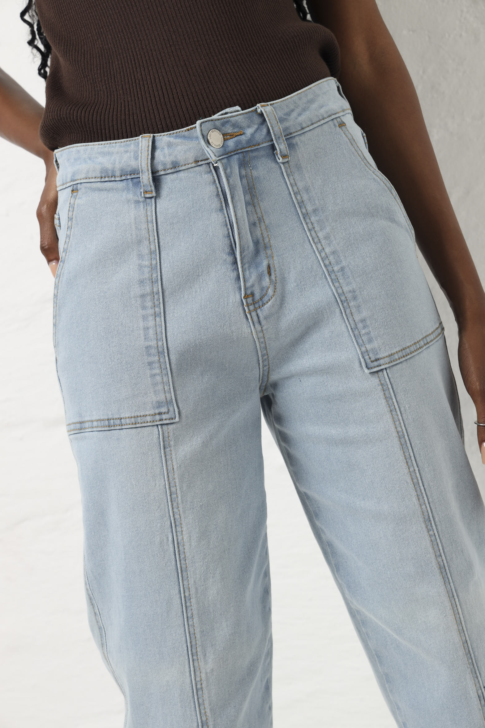 Panelled Slim Leg Jean - Light Wash - Image 5