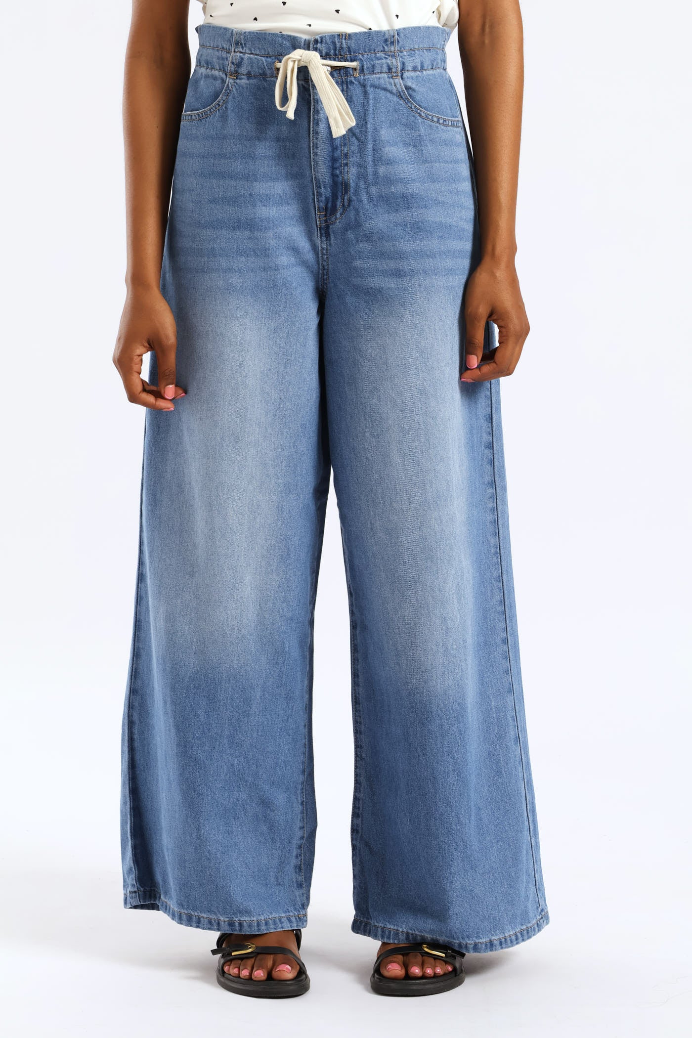 Paperbag Drawcord Wide Leg Jean - Medium Wash