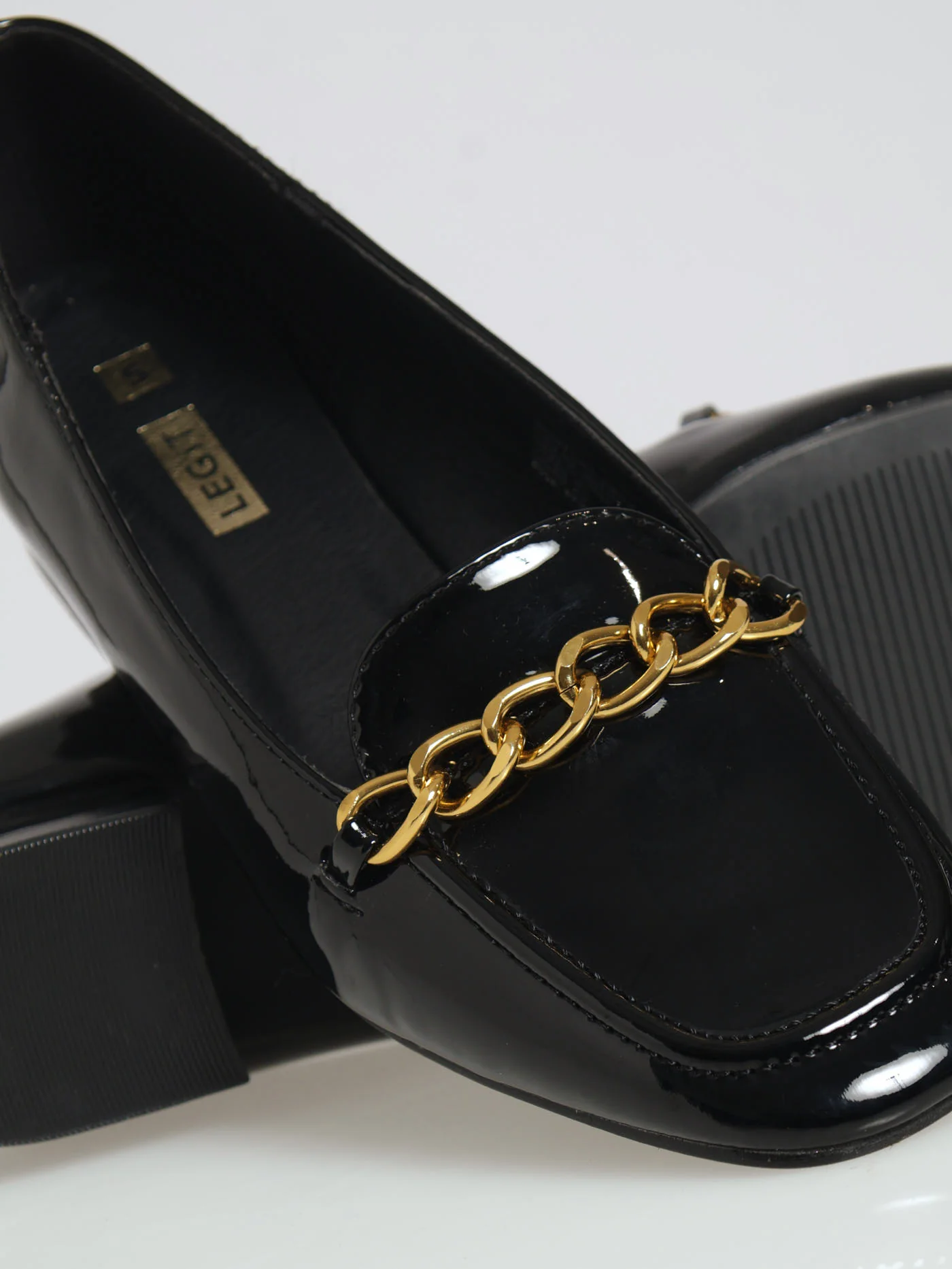 Patent Loafer On Heel With Link Trim - Black - Image 5
