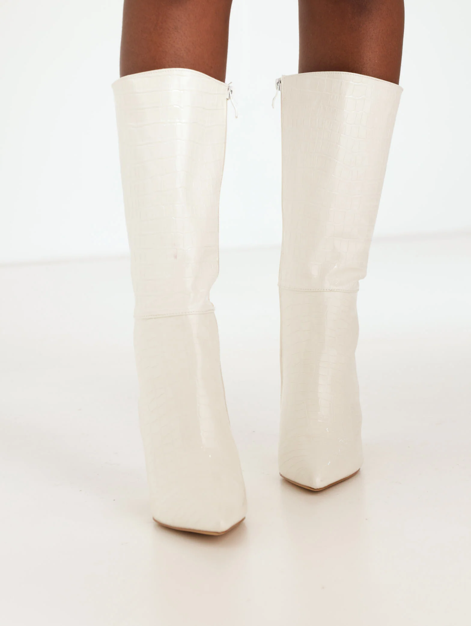 Patent Snake Print Boot On High Block Heel - White - Image 3