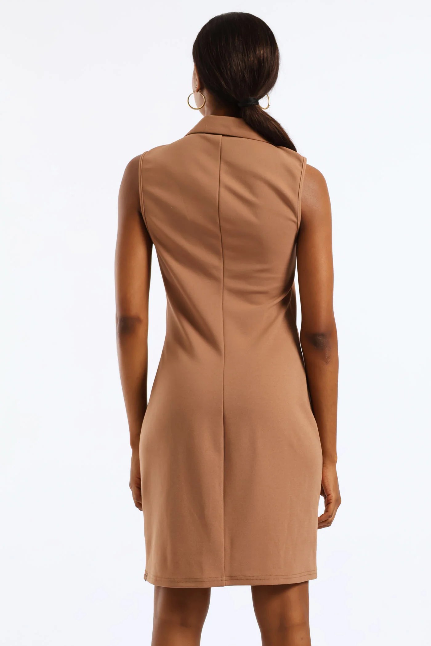 Pearl Button & Collared Midi Bodycon Dress - Brown - Image 4
