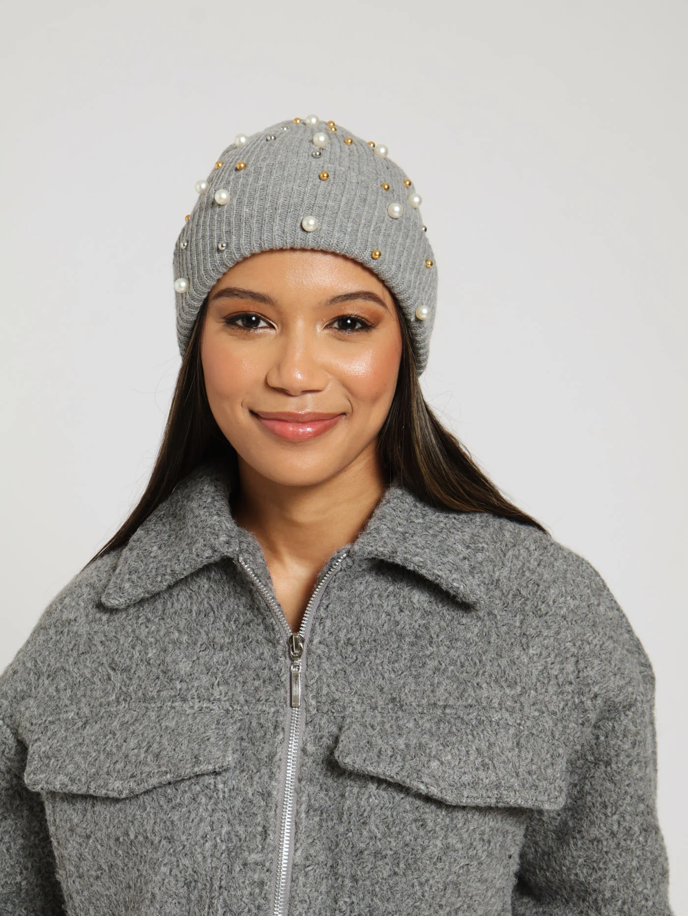 Pearl Detail Beanie With Satin Lining - Grey