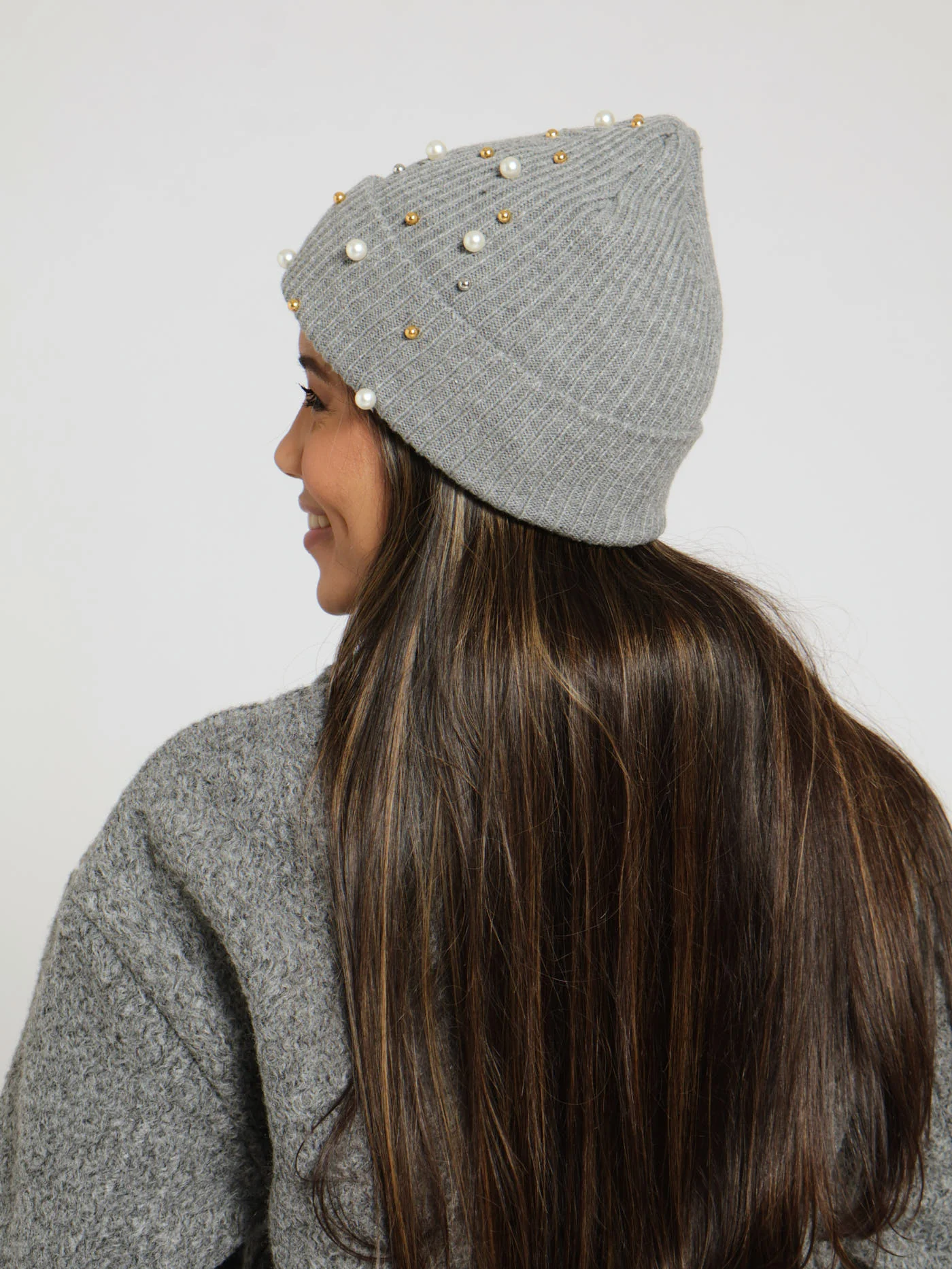 Pearl Detail Beanie With Satin Lining - Grey - Image 3