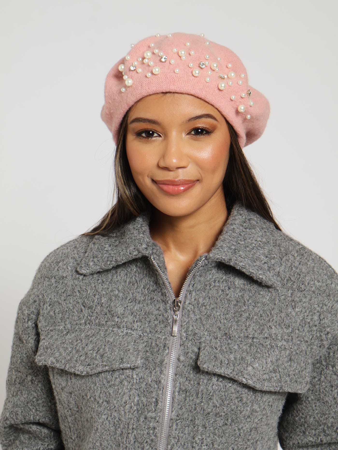 Pearl & Diamante Trim Beret - Dusty Pink
