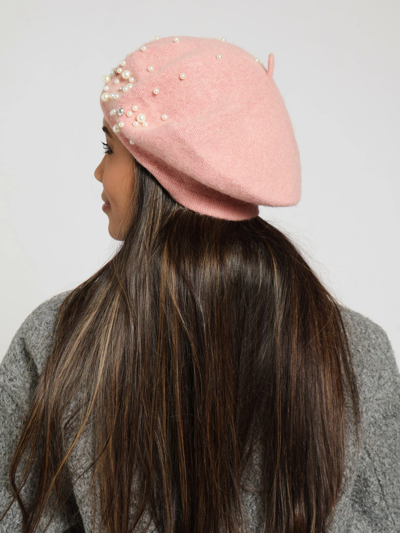 Pearl & Diamante Trim Beret - Dusty Pink - Image 2