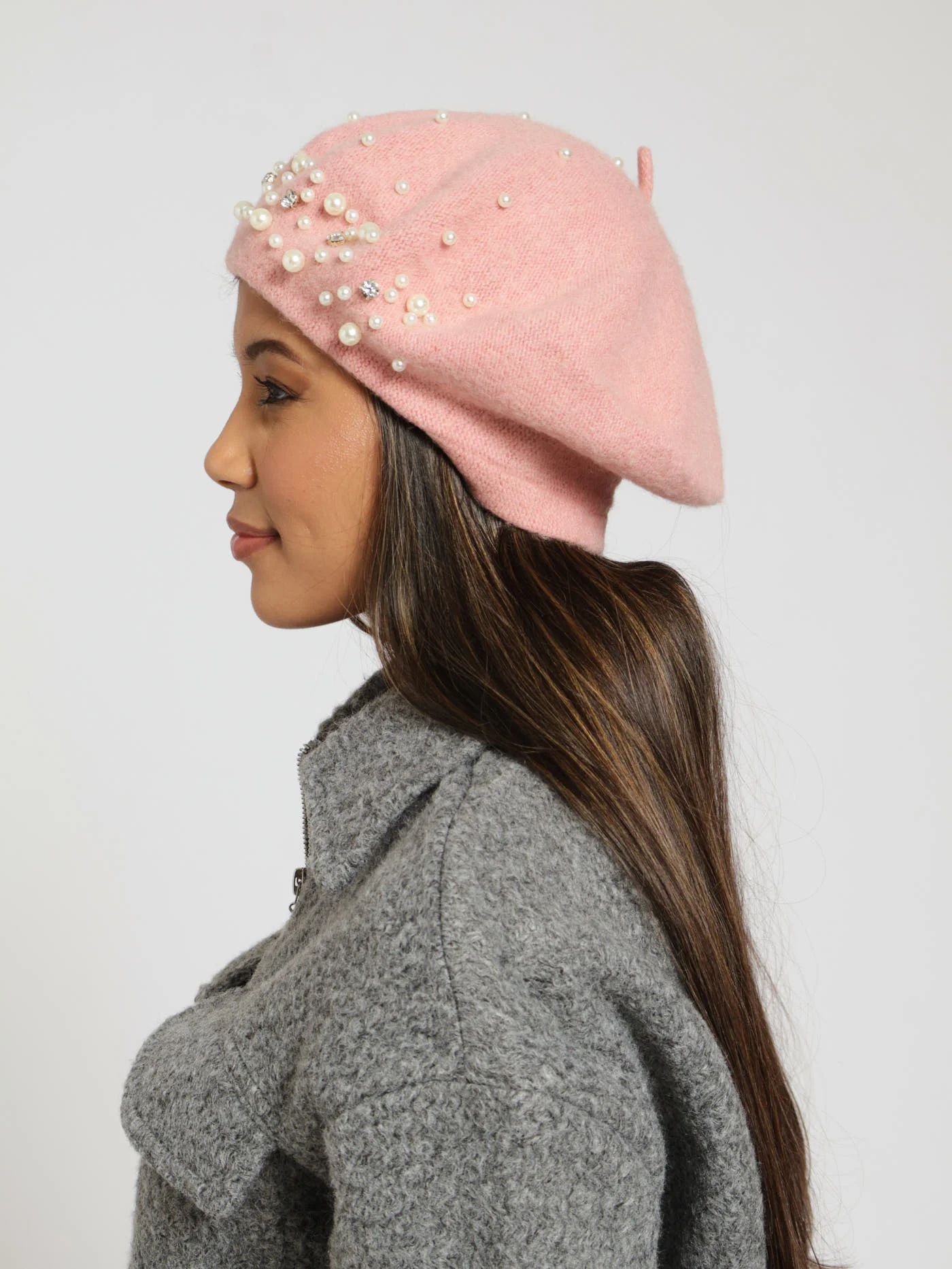 Pearl & Diamante Trim Beret - Dusty Pink - Image 3