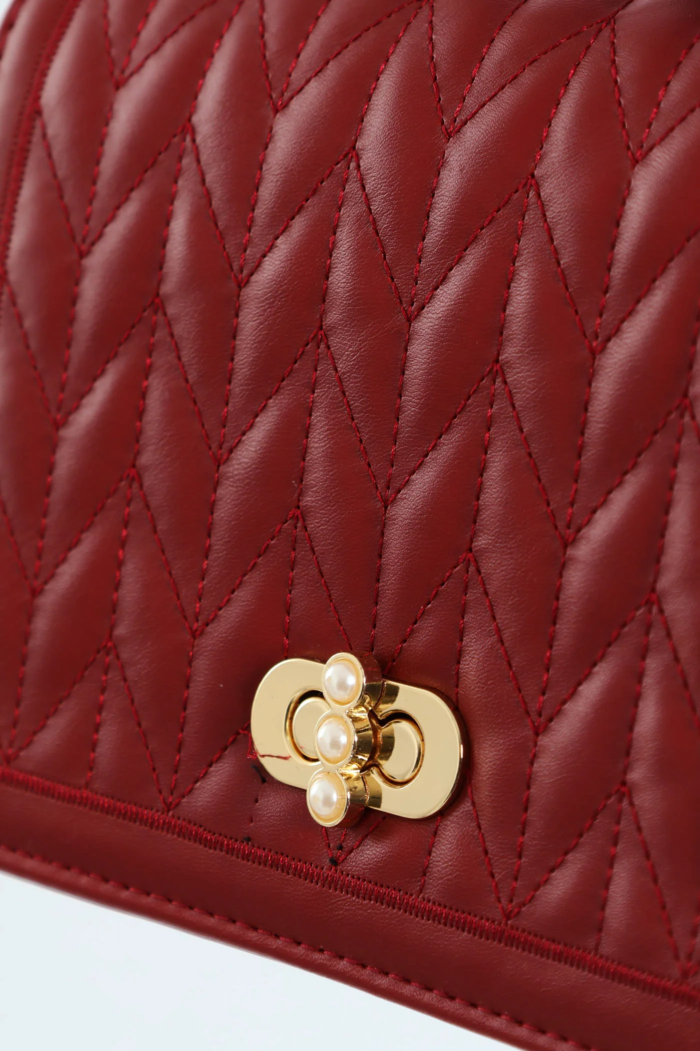 Pearl Trim Clasp Satchel - Maroon - Image 3