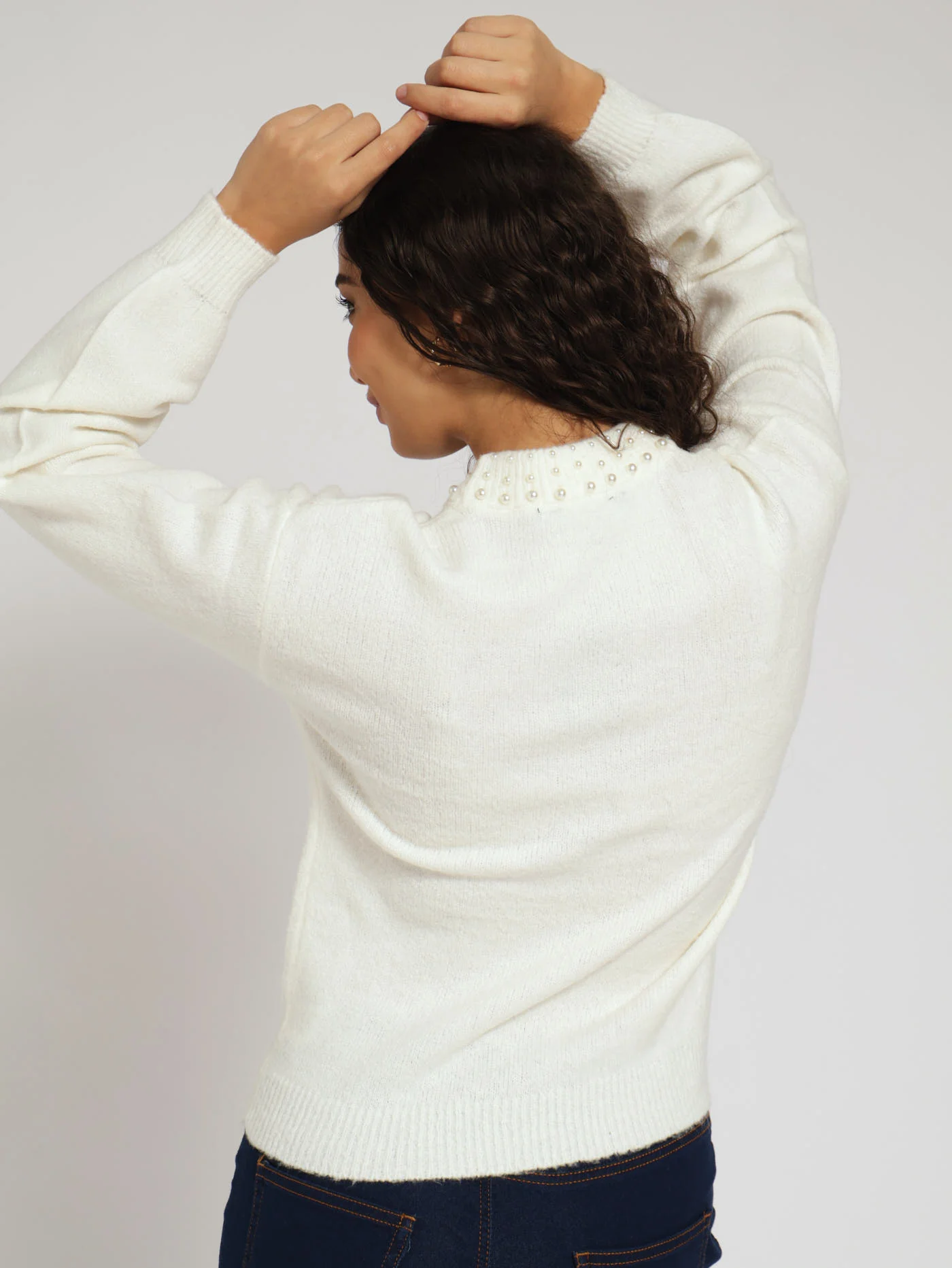 Pearl Trim Neck Crop Pullover - Cream - Image 3