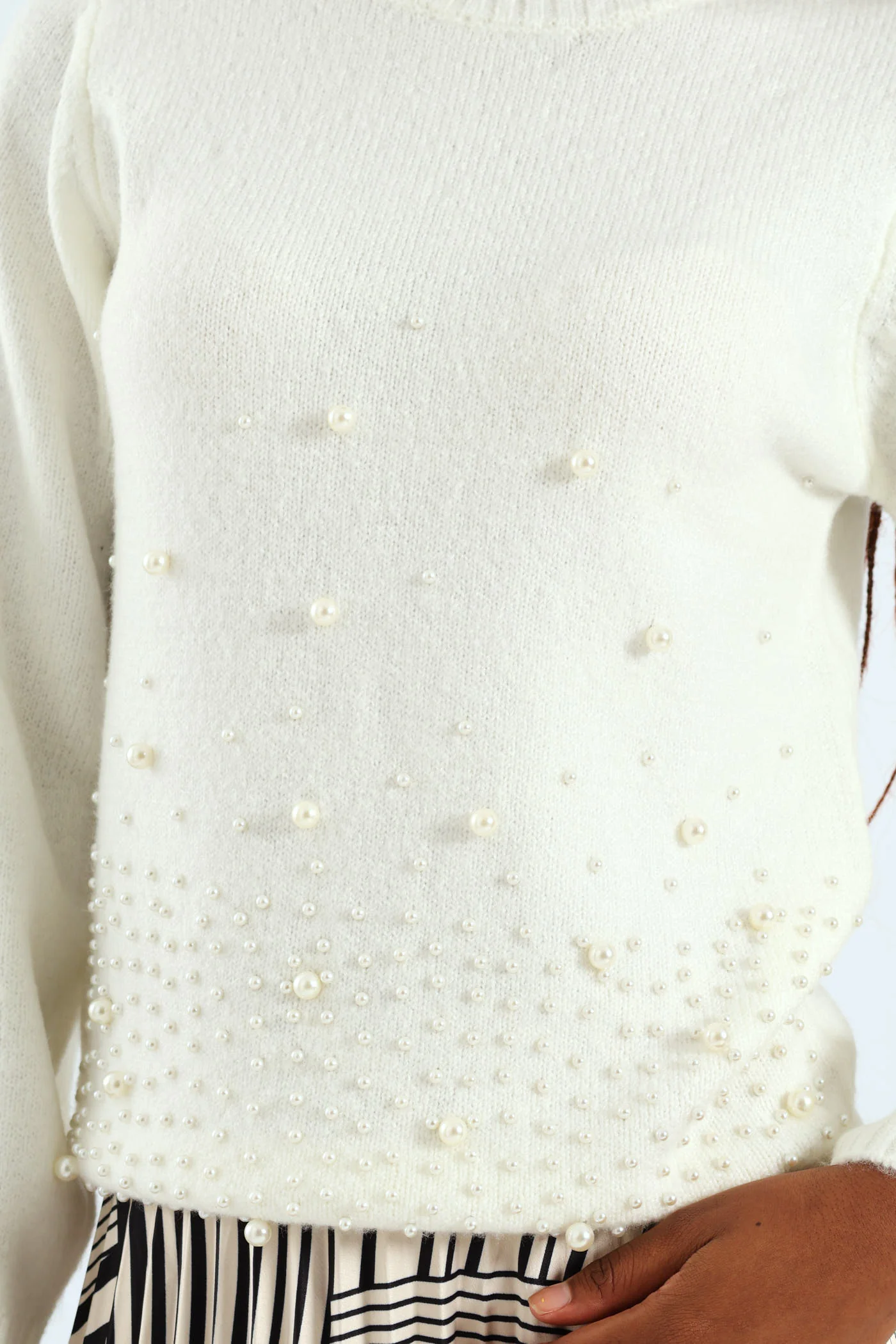 Pearl Trim Pullover - Cream - Image 3