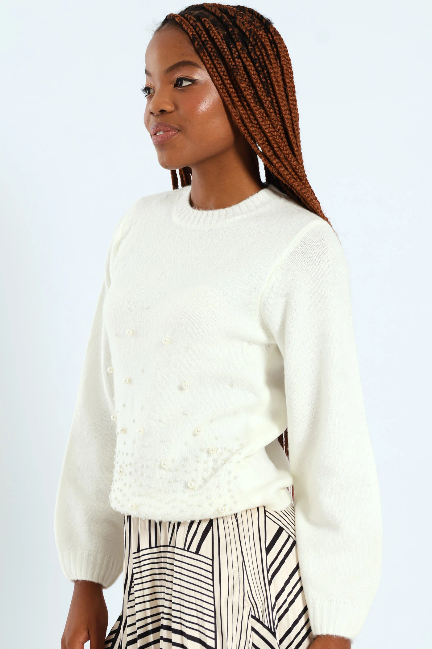 Pearl Trim Pullover - Cream - Image 4
