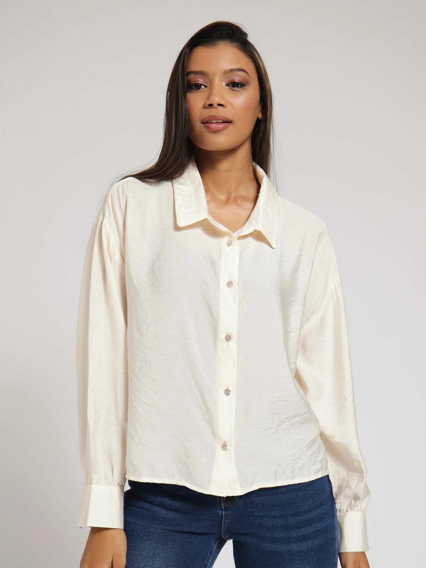 Peter Pan Collar Fancy Button Shirt - Cream