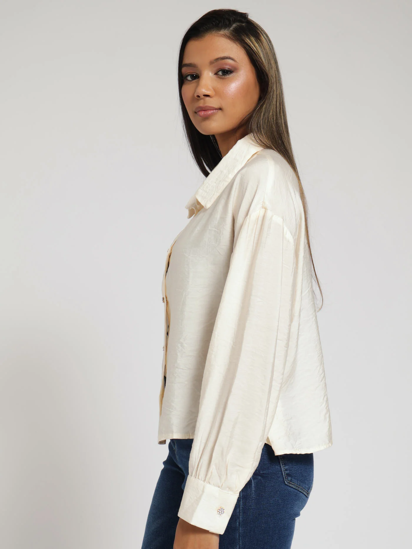 Peter Pan Collar Fancy Button Shirt - Cream - Image 2