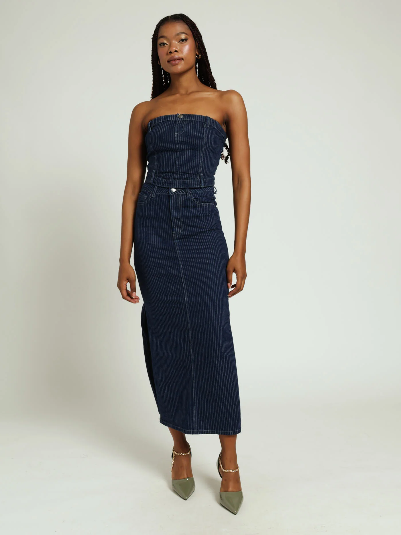 Pin Stripe Denim Strapless Corset - Ink - Image 2
