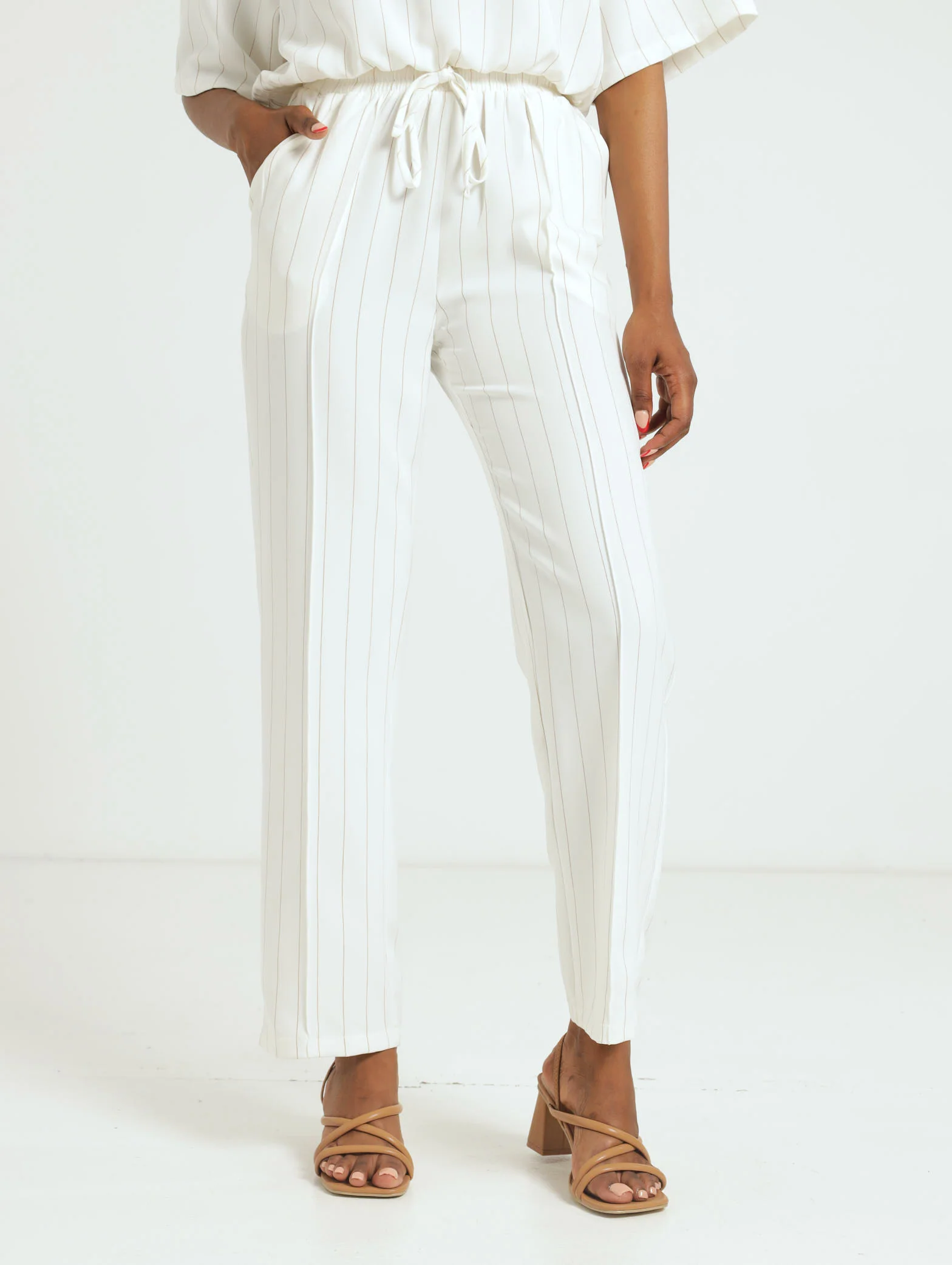 Pin Stripe Slim Leg Pants - Cream