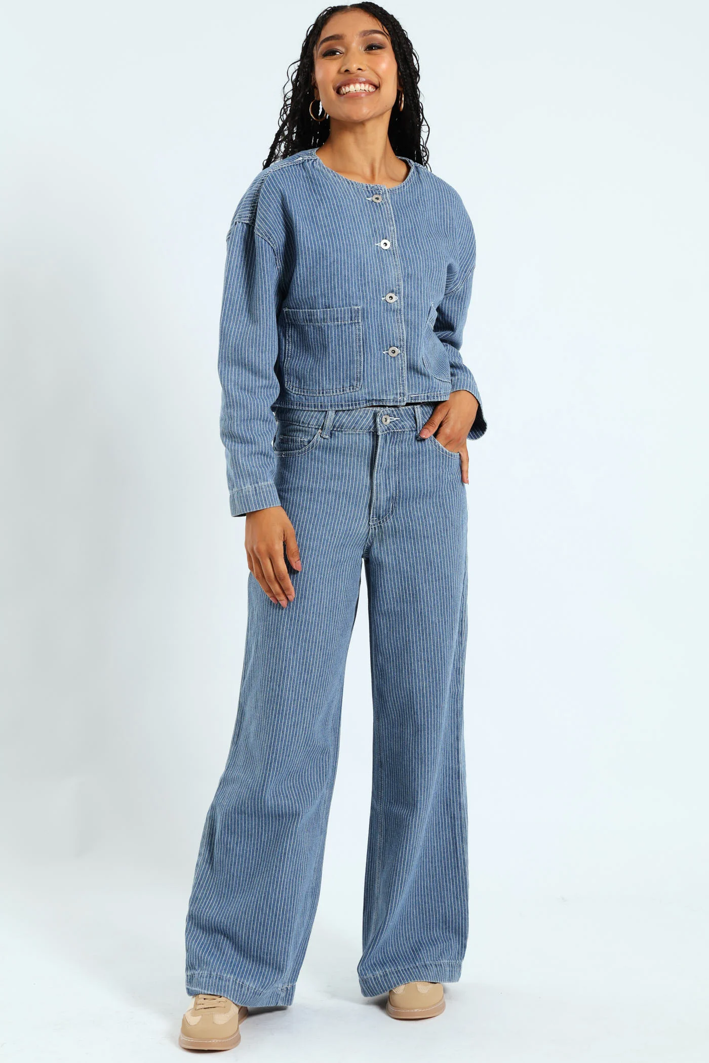Pin Stripe Wideleg Jean - White/Blue - Image 2
