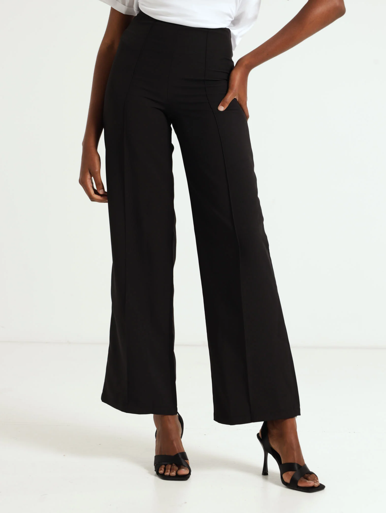 Pin Tuck Wide Leg With Buckle Trim Pants