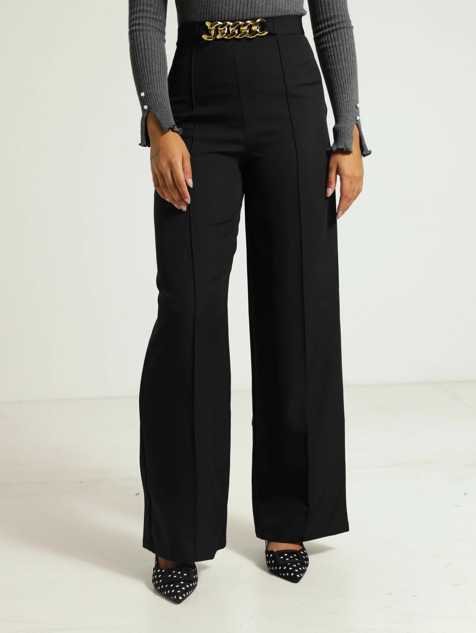Pin Tuck Wide Pants With Buckle Trim