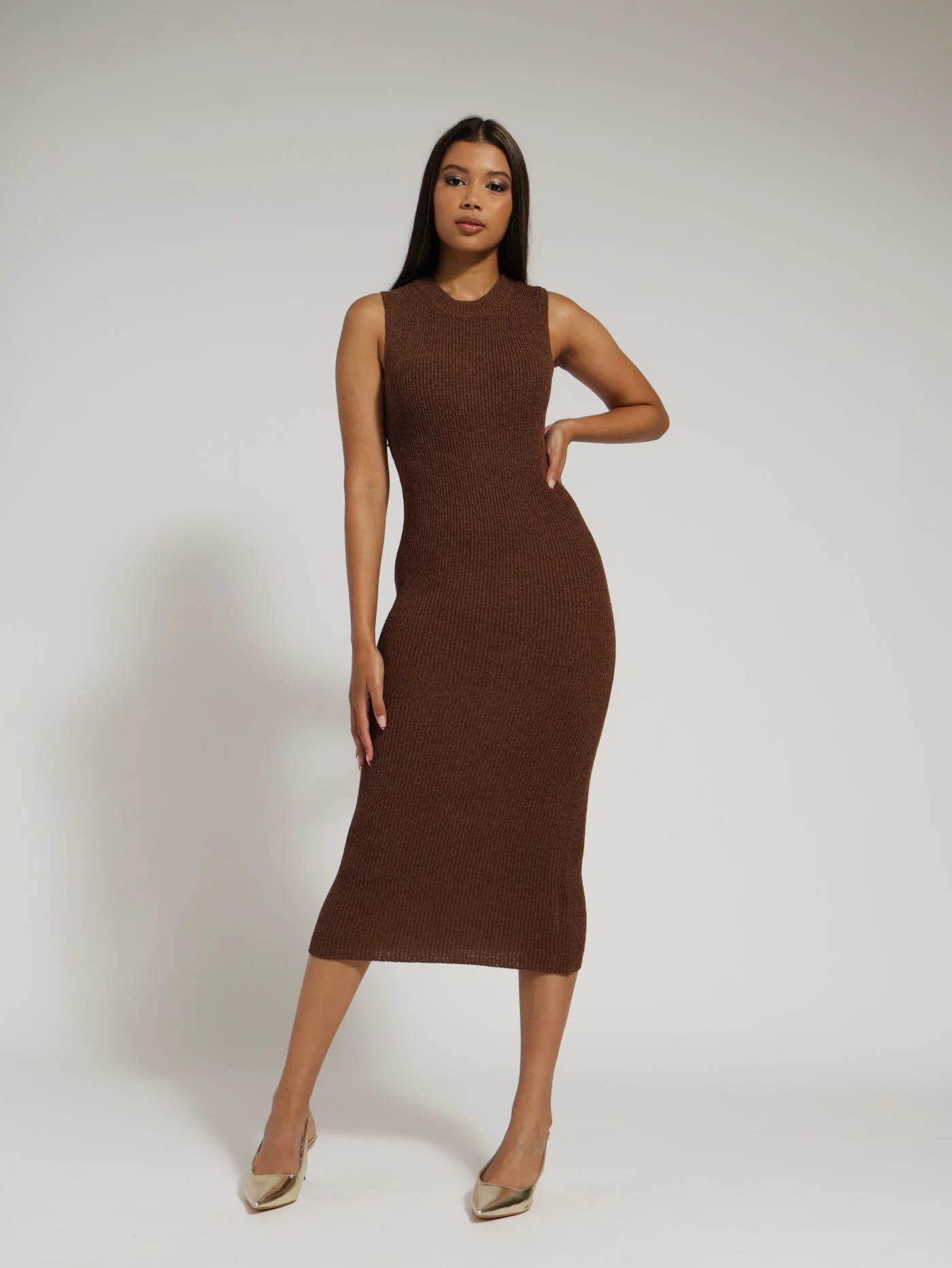 Plain Knitwear Tube Dress - Brown