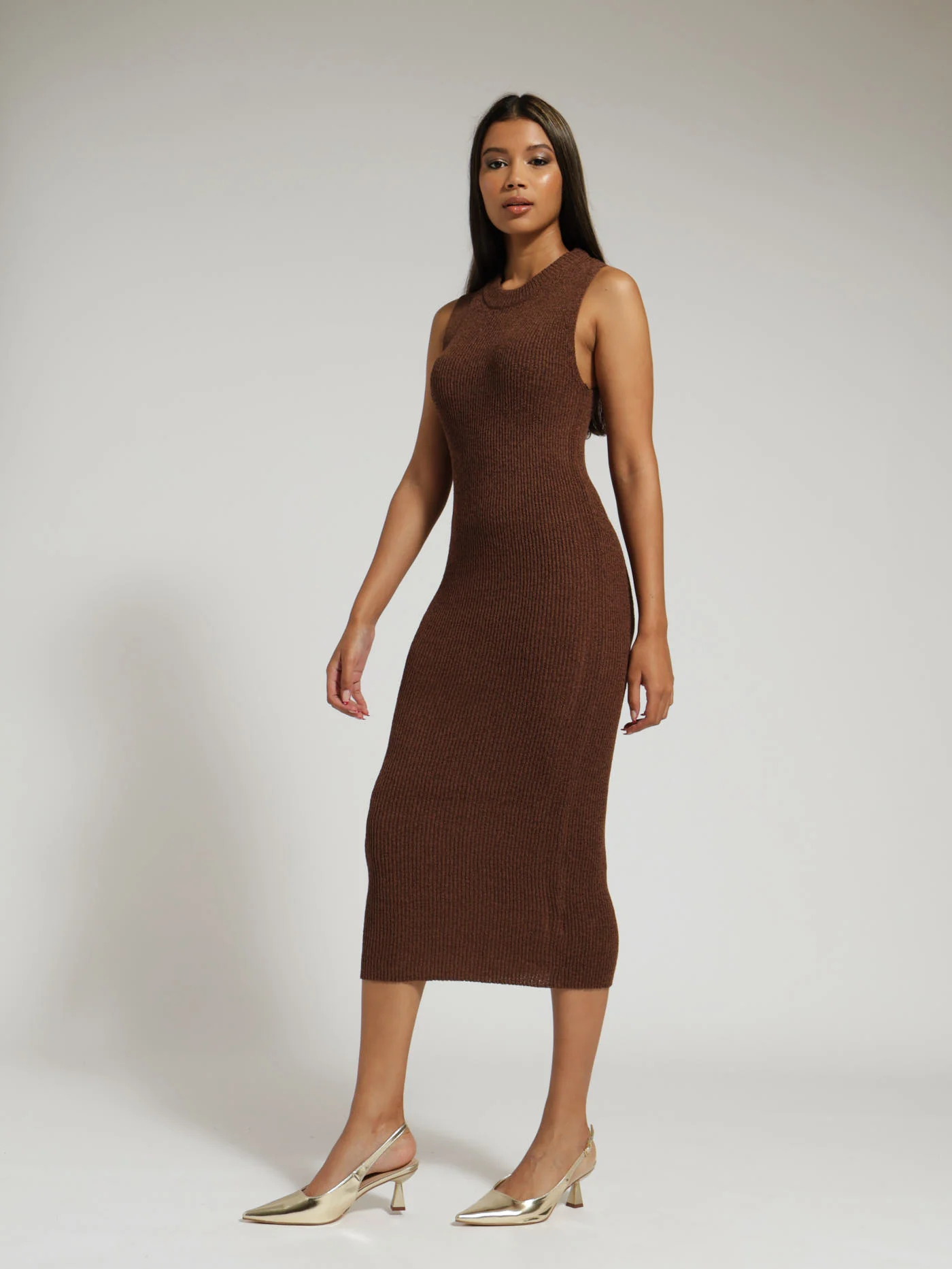Plain Knitwear Tube Dress - Brown - Image 2